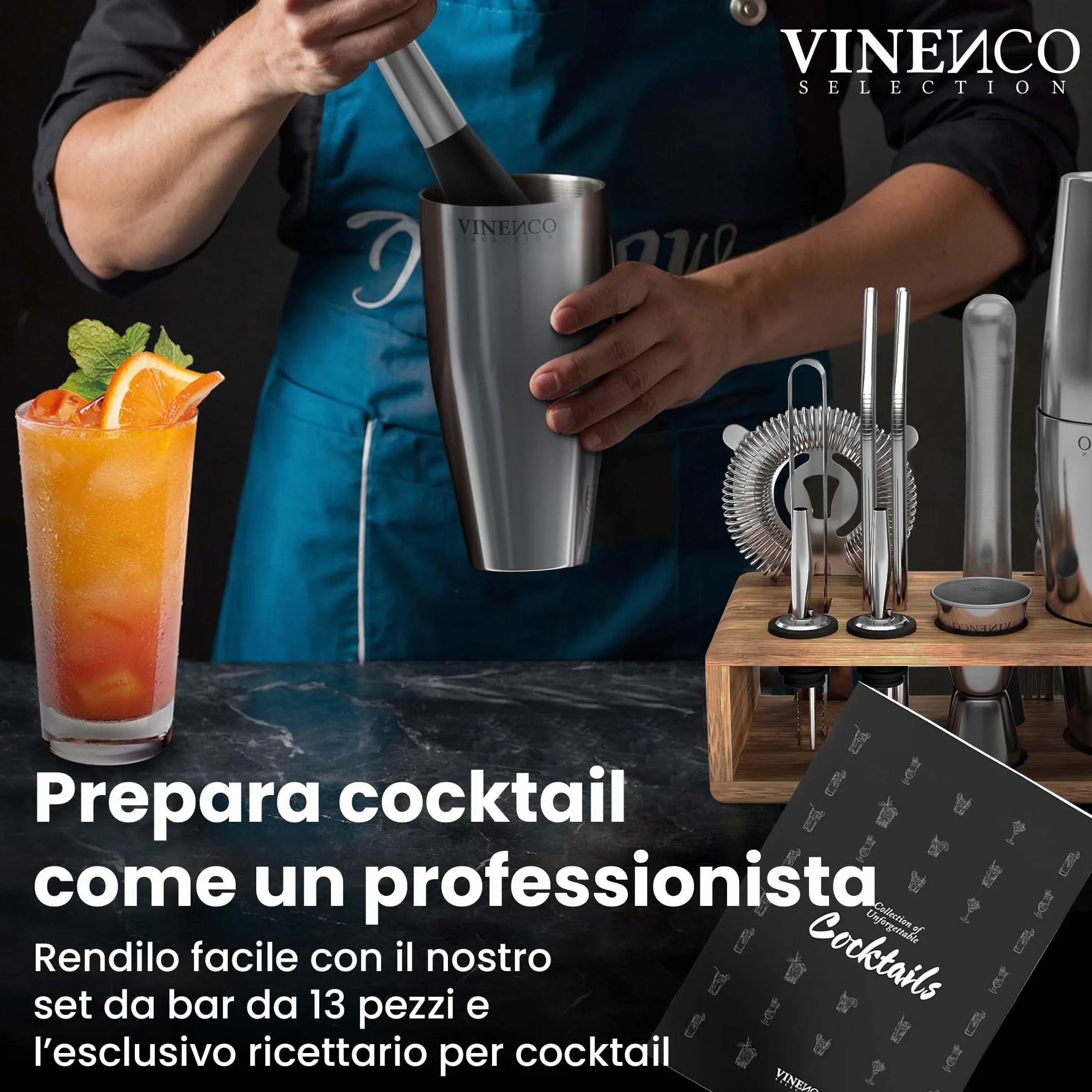 Professionale Boston Shaker Cocktail Set con Soporte Acciaio Premium per Mojito Martini Gin Long Drink