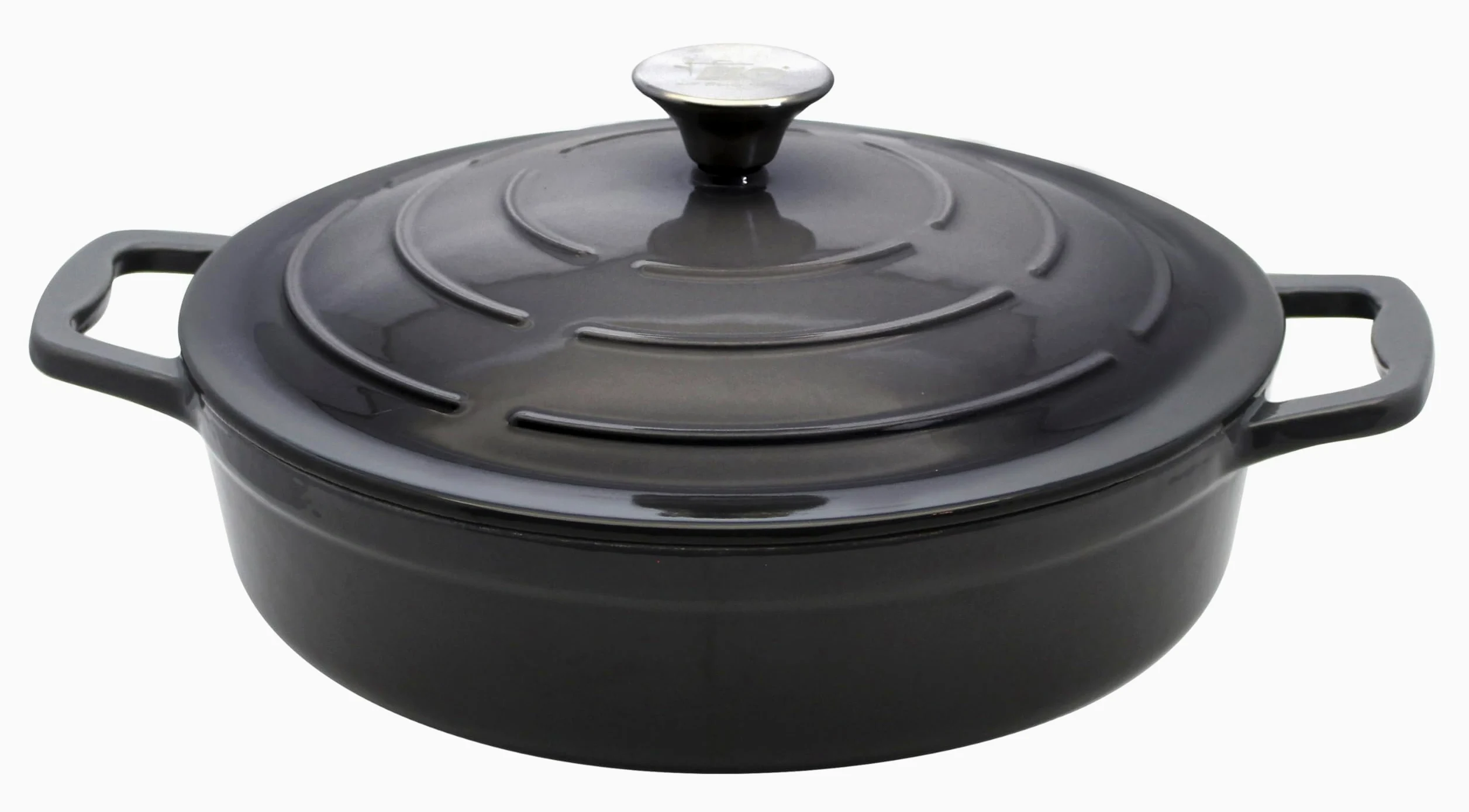 Elo 3382826 casseruola in ghisa smaltata antiaderente bassa con coperchio, grigio classico, adatta al forno, pentola a cottura a induzione, 28 cm, 3 l, 2-4 persone
