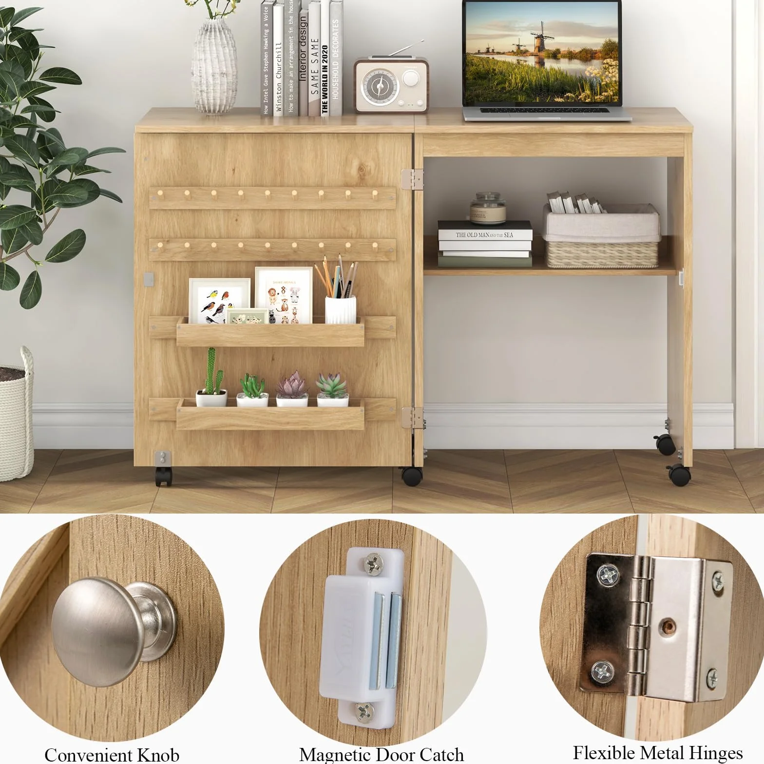 LIFEZEAL Mobile per Macchina da Cucire, Tavolo Macchina da Cucire, Armadietto Cucito, Salvaspazio, Moderno, 5 Ruote, 2 Mensole, 18 Ganci per Filo, 1 Ripiano, Pieghevole, 116x40x76cm, Legno, Naturale