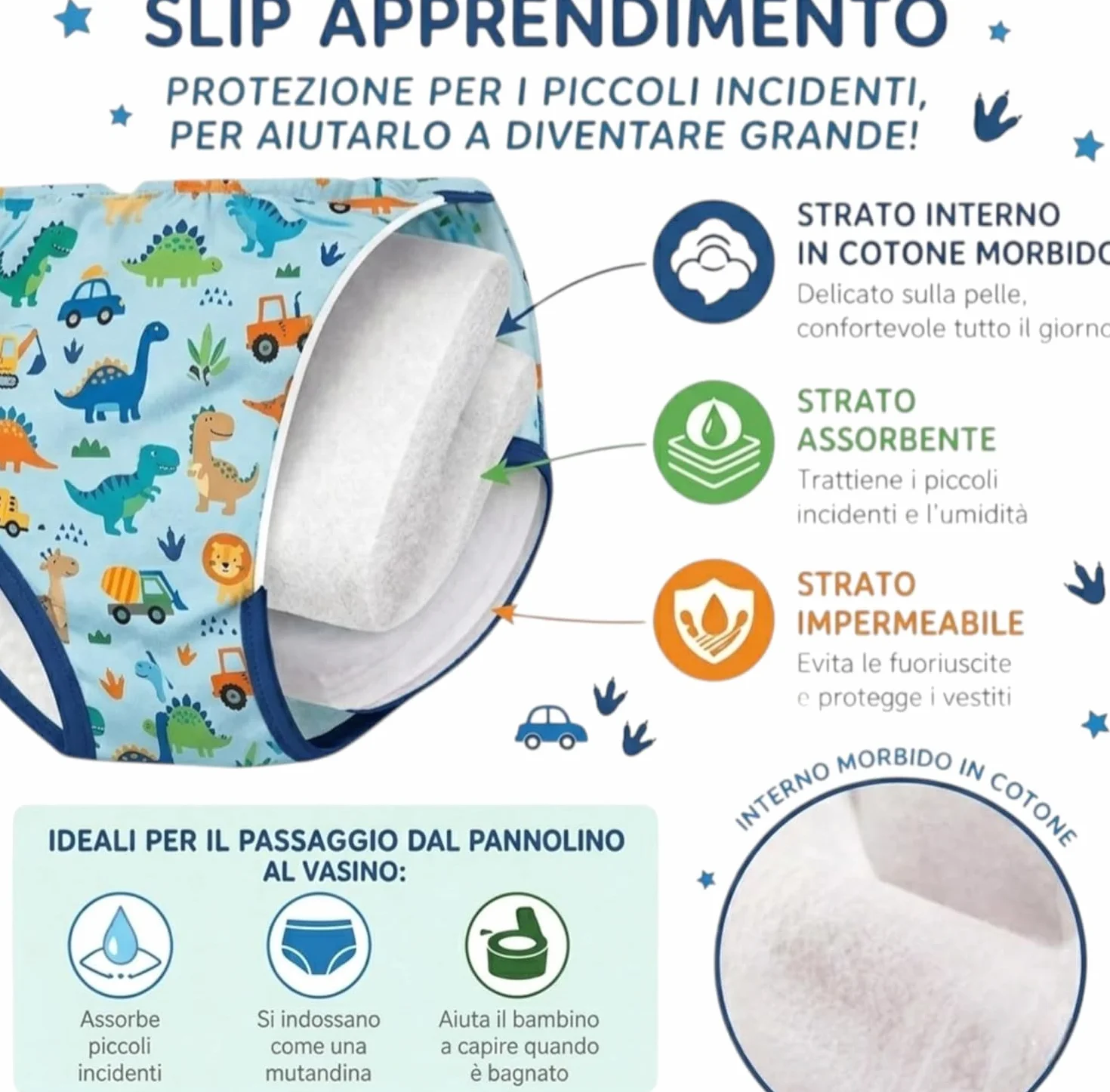 Ellepi Slip Trainer Spannolinamento 100% Cotone Impermeabile 3 Szt. Dino Giallo 3 Anni