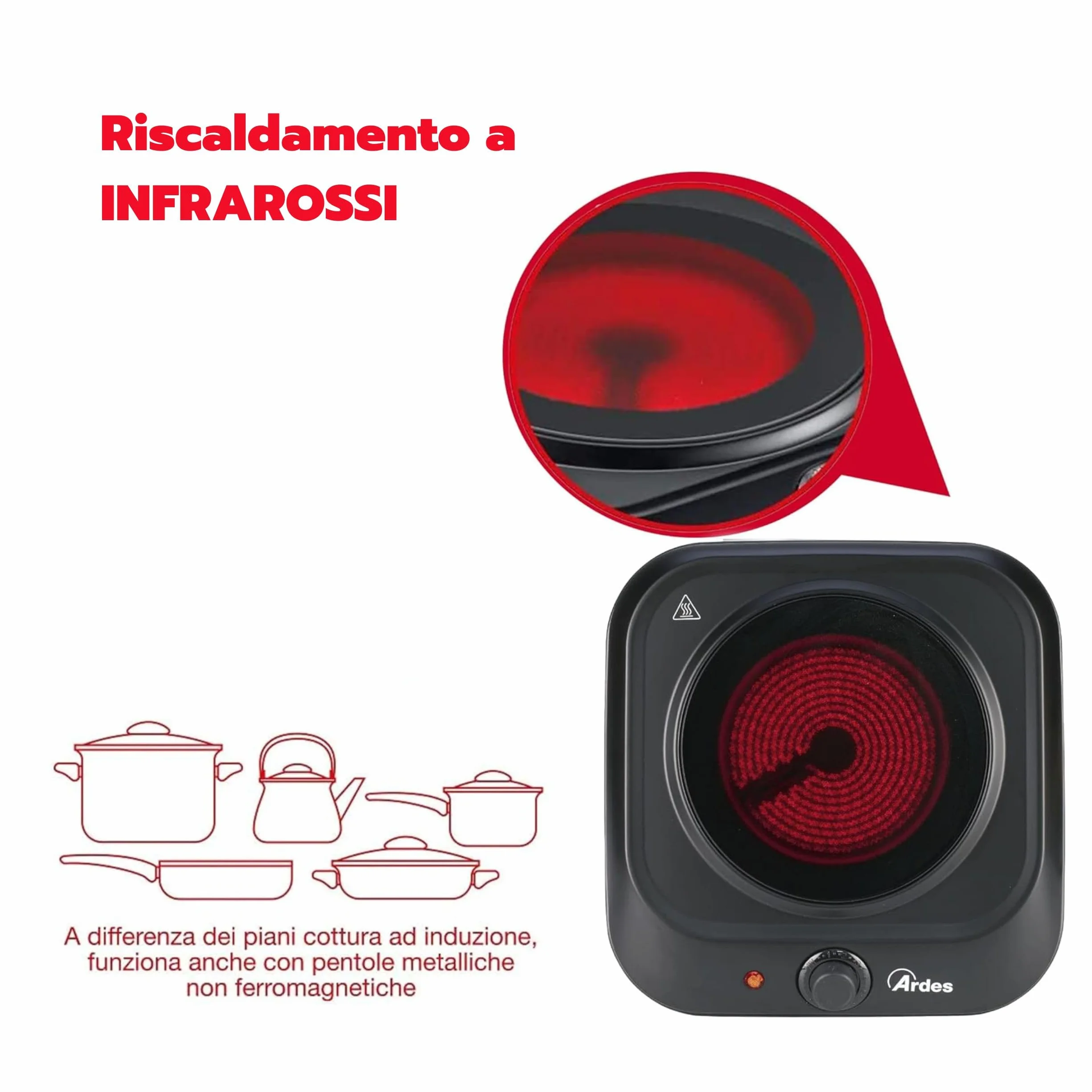 ARDES Fornello elettrico a infrarossi 1200W piastra vetroceramica Ø19 cm termostato regolabile