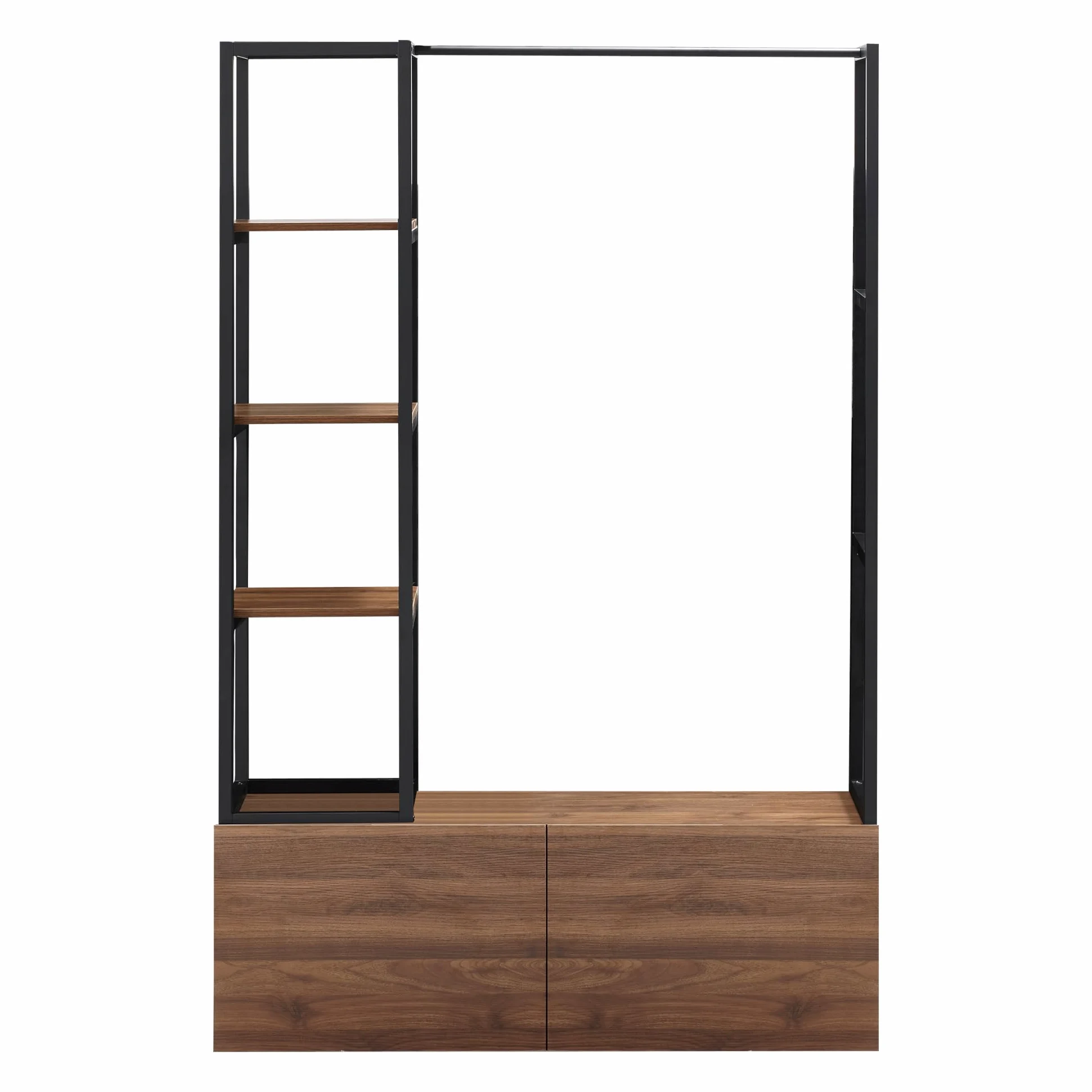 [en.casa] Armadio Aperto per Guardaroba Porta Abiti da Camera Appendiabiti da Terra 180 x 120 x 40 cm Mobile Organizzatore con Cassetti Ripiani e Asta Barra - Color Noce/Nero