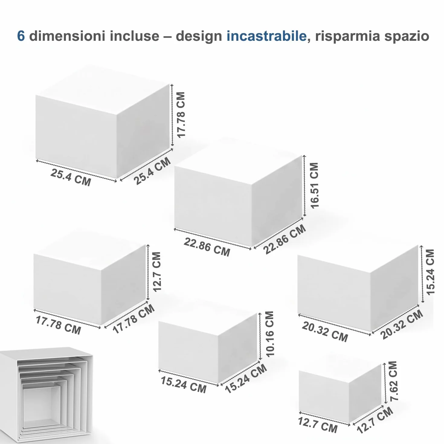 FUSHITON 6 Pezzi Alzata per Dessert in Plastica Bianca, Supporti di Presentazione per Buffet - Cubi Espositivi a 5 Facce Impilabili per Pasticceria, Decorazione, Negozio (6 Dimensioni Diverse)