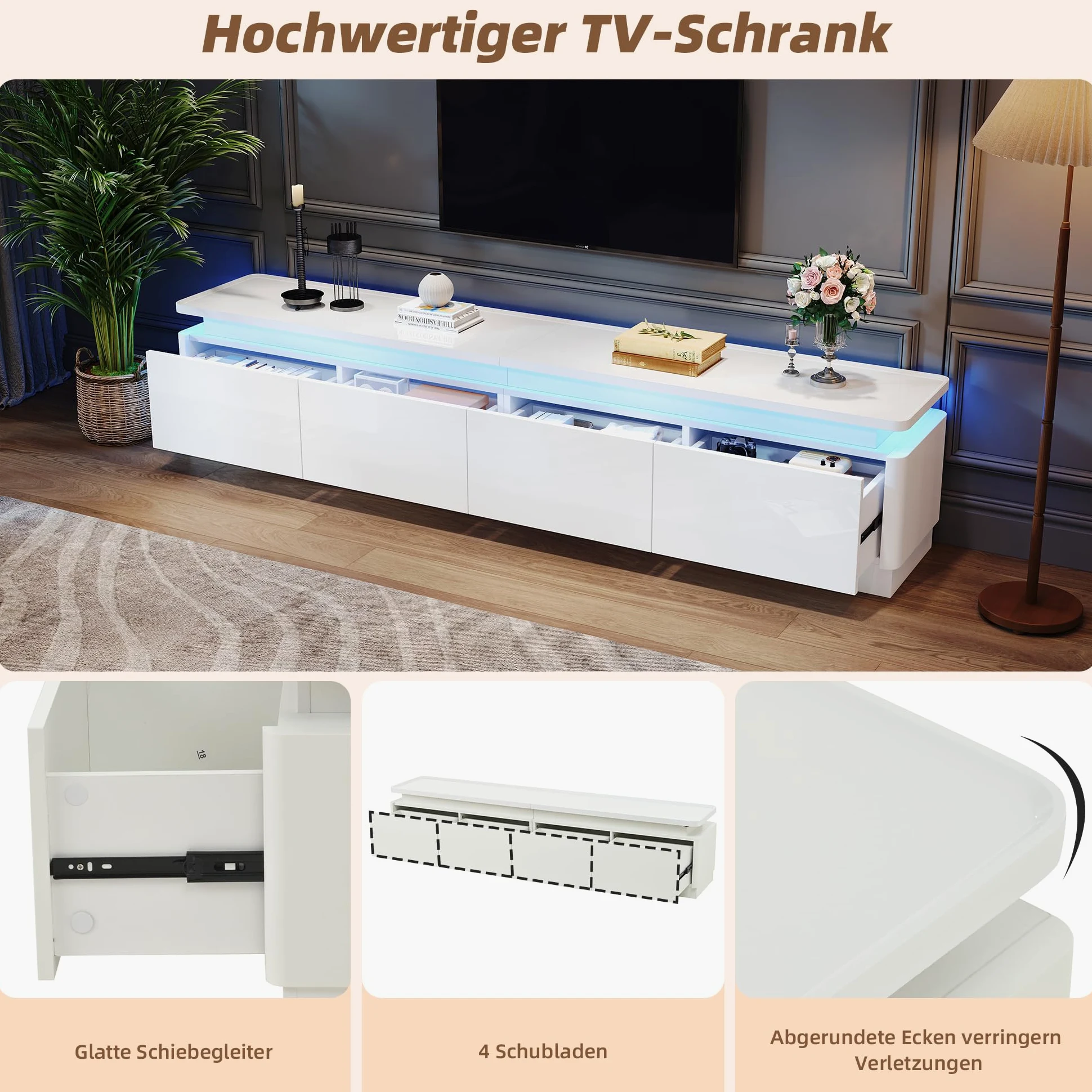 Armadio per TV con 4 cassetti, 180 x 34 x 40 cm, con LED, lucido e tavolo per TV, adatto per TV da 80 pollici (bianco)