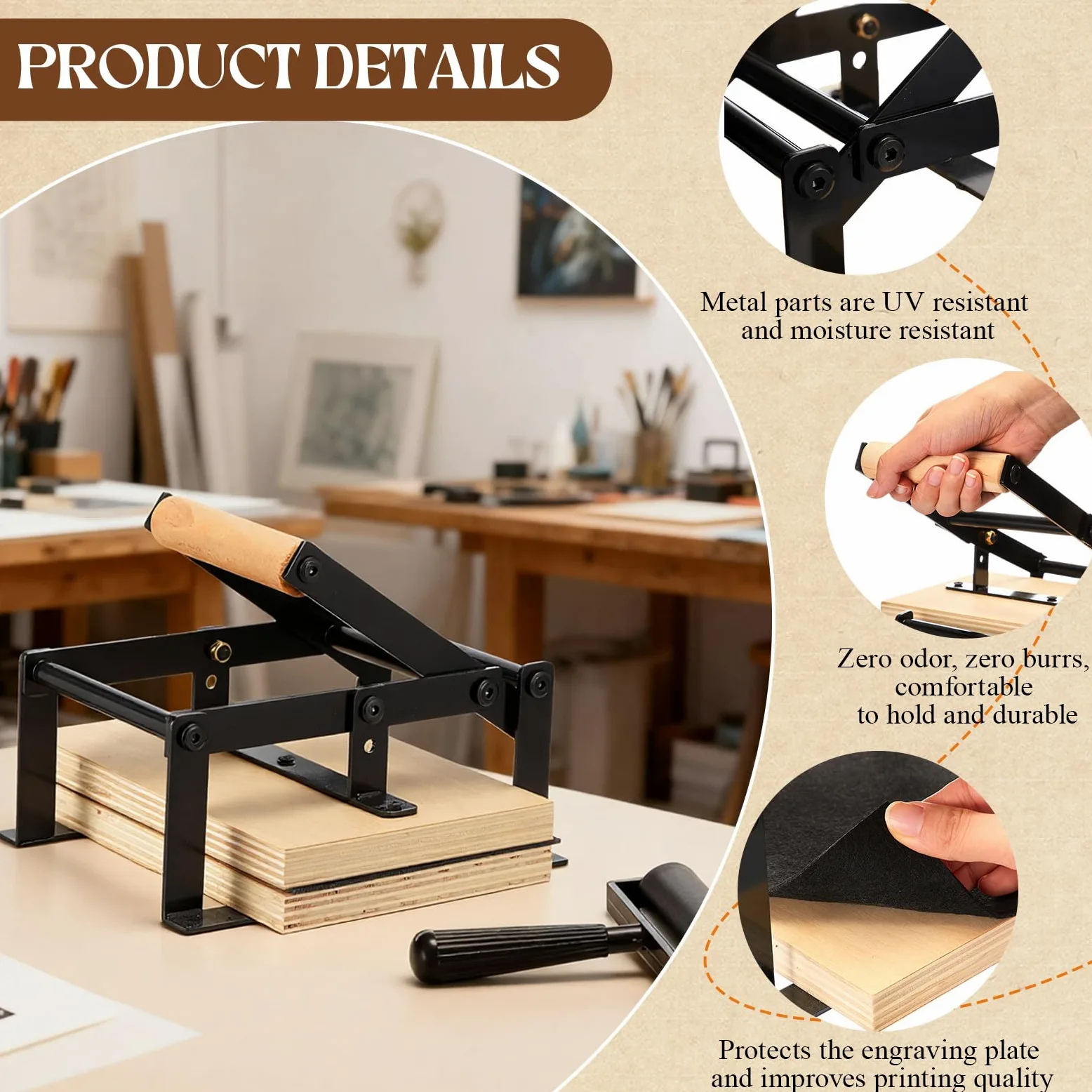Macchina da stampa a leva manuale Linocut con rulli e feltrini per tagli di linoleum, taglio stampa, blocchi di linoleum, kit di strumenti per la stampa a blocchi di legno, nero A5