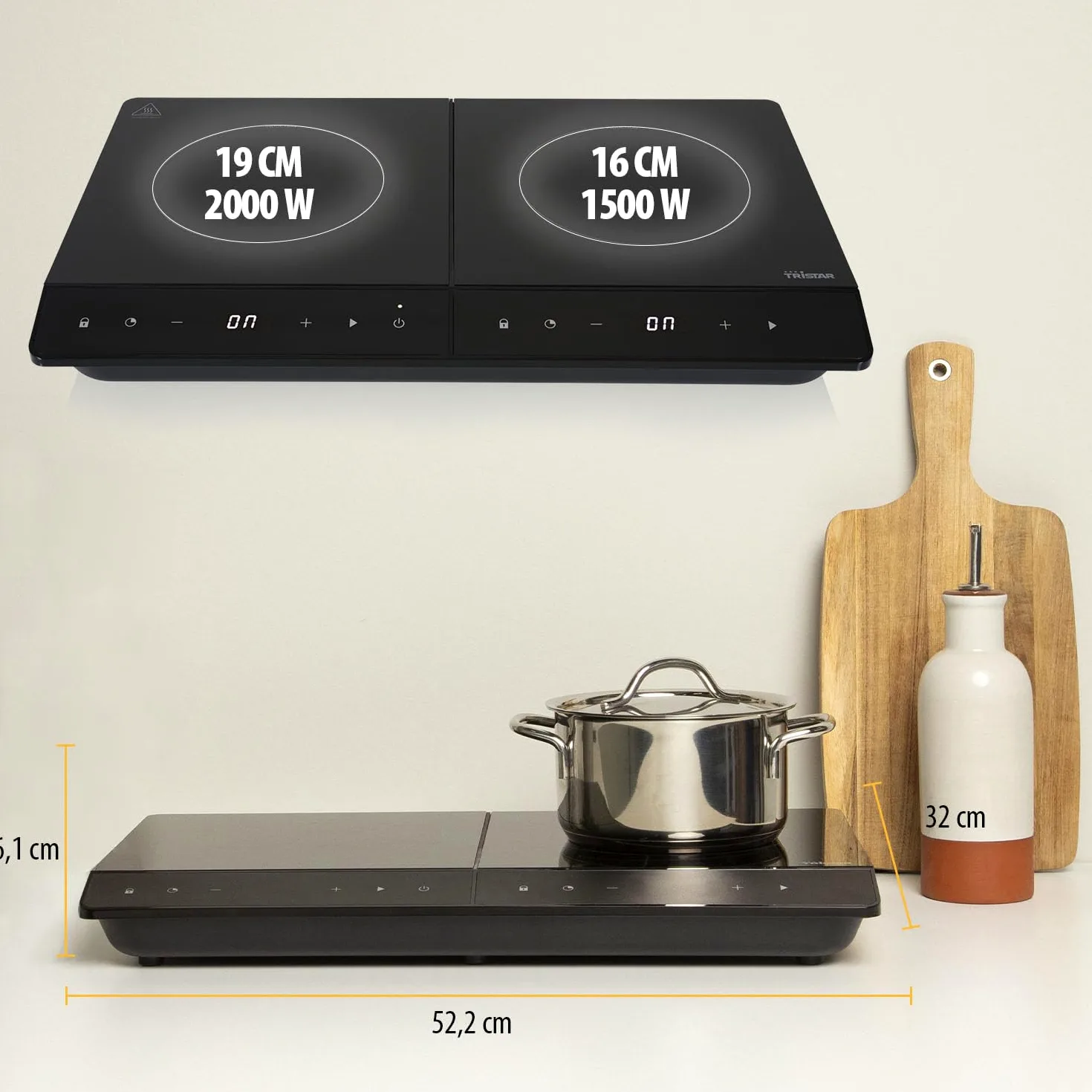 Tristar Fornello a induzione indipendente doppio, nuovo, ⌀19 e ⌀16 cm, 10 livelli di potenza, 3500 W, efficienza energetica, timer integrato, con protezione da surriscaldamento, IK-6162