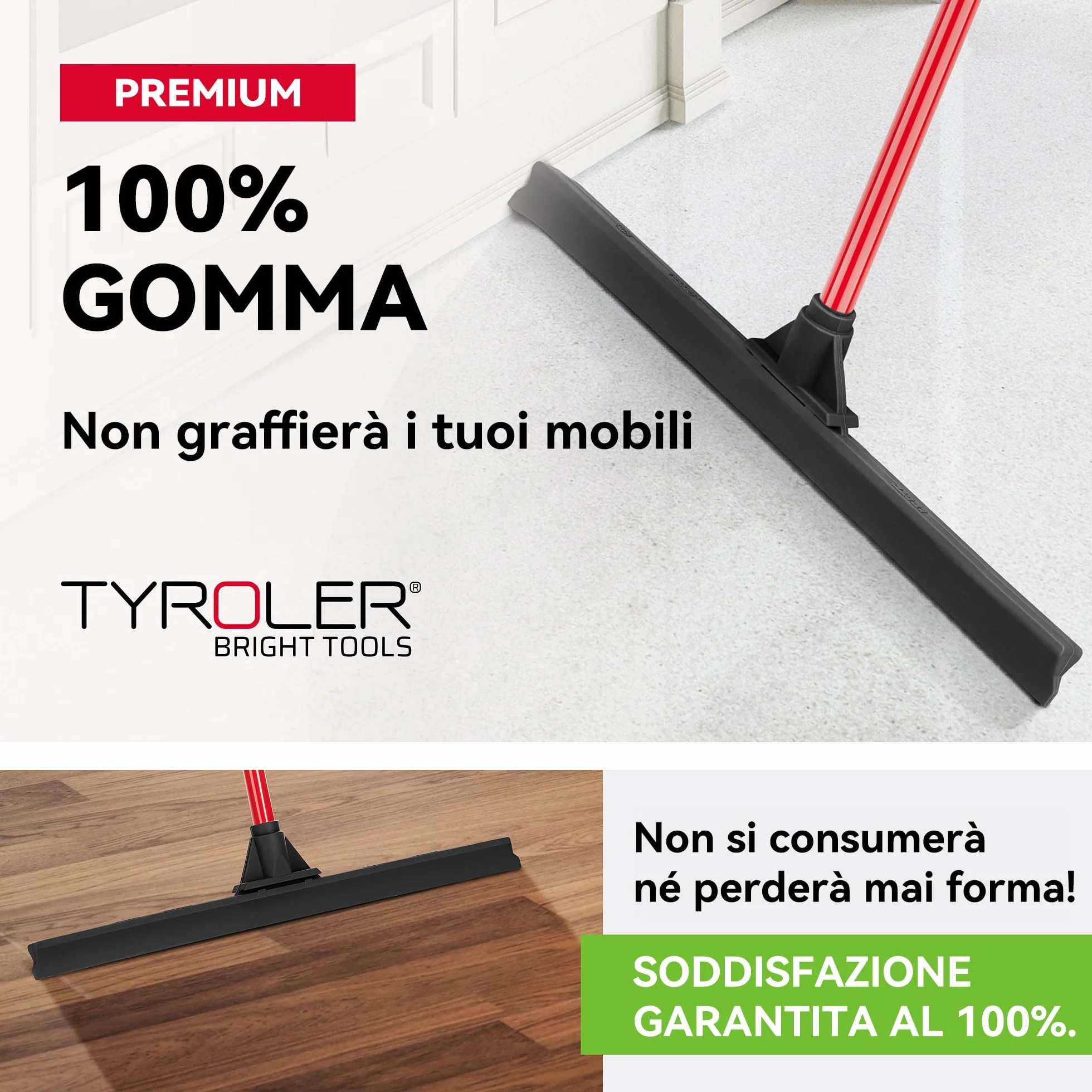 Tyroler Tira Acqua Pavimenti esterno da 60 cm | Testa in Gomma 100% | Manico Antiruggine da 140 cm tergipavimento spingiacqua | tiraacqua pavimenti esterni | tiracqua per pavimento