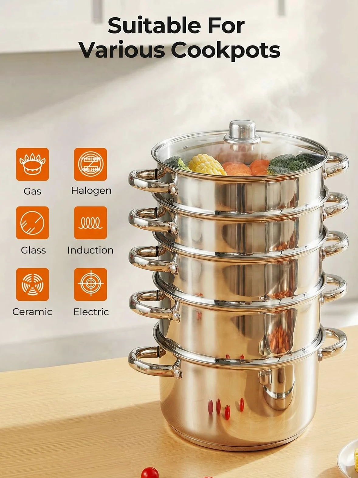 Pentola a Vapore in Acciaio Inox, Cuocivapore, Pentola (5 in 1), Diametro 26 cm, con Coperchio in Vetro, Cuocivapore per Tutti i Tipi di Fornelli, Anche a Induzione, Argento