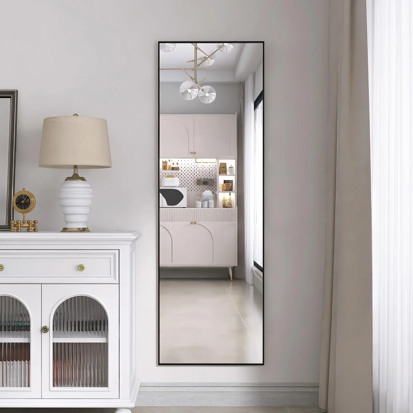 Specchio Rettangolare da Pavimento 162x53cm Grande Specchio Bombato Con Telaio In Lega Di Alluminio Vetro Temperato Appoggio A Terra O Inclinabile Per Camera Soggiorno Spogliatoio (Nero)