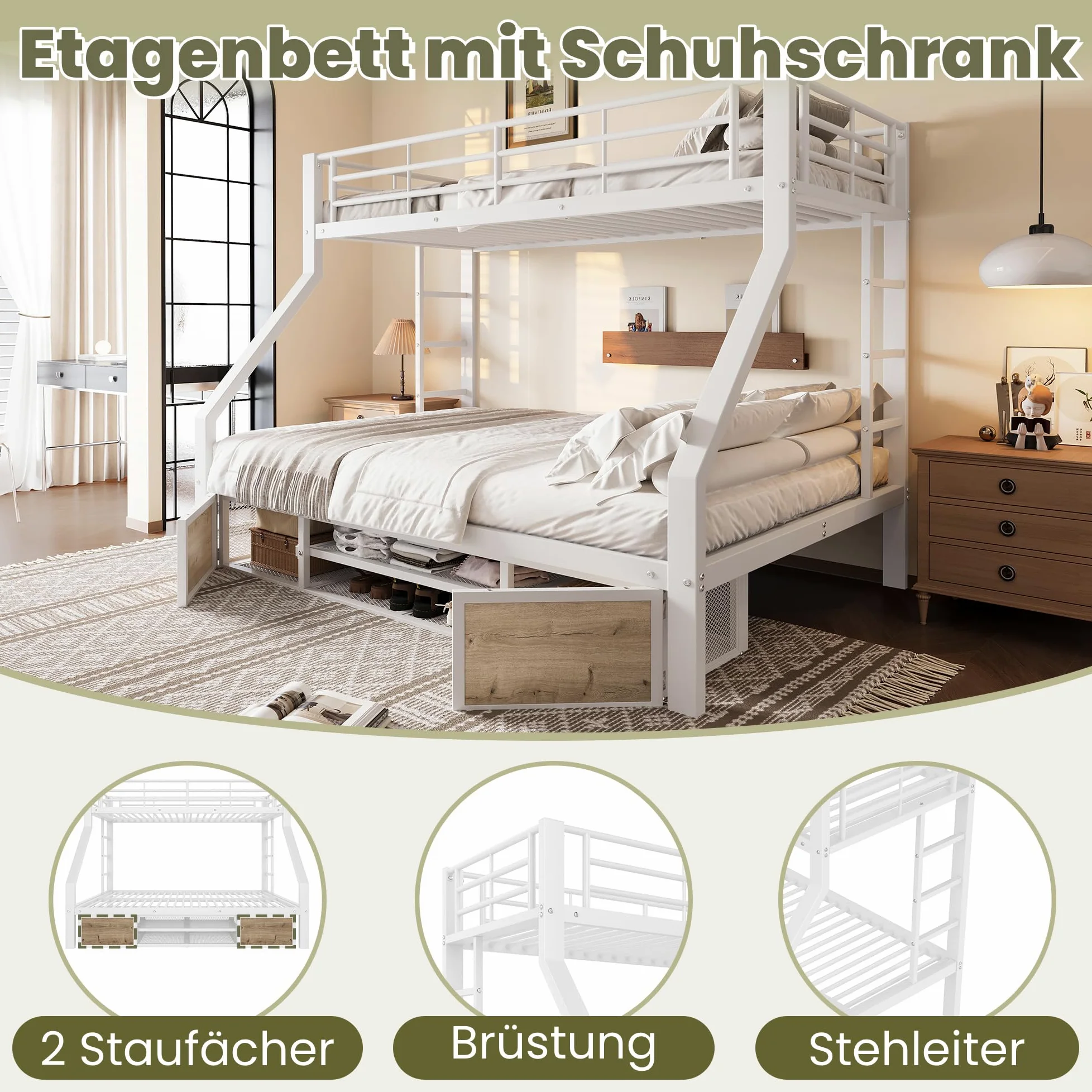 Soweiz Letto a castello 90 x 200 cm, 140 x 200 cm, culla con scarpiera, portaoggetti, ringhiere di sicurezza, scaletta, senza materasso (bianco)