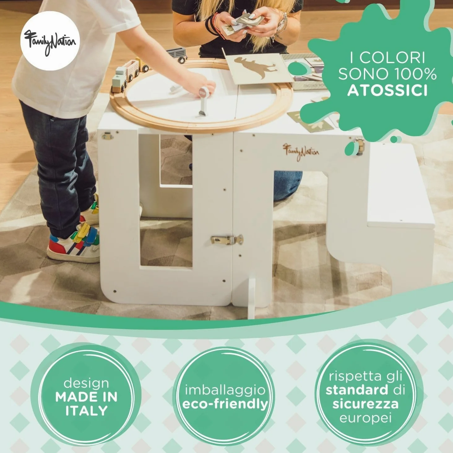 Family Nation, Torre Montessoriana 2 in 1, Convertibile in Tavolo e Sedia, per Bambini da 1 Anno di Età, Struttura in Legno con Supporto Extra, Bianca, 42x45x86 cm