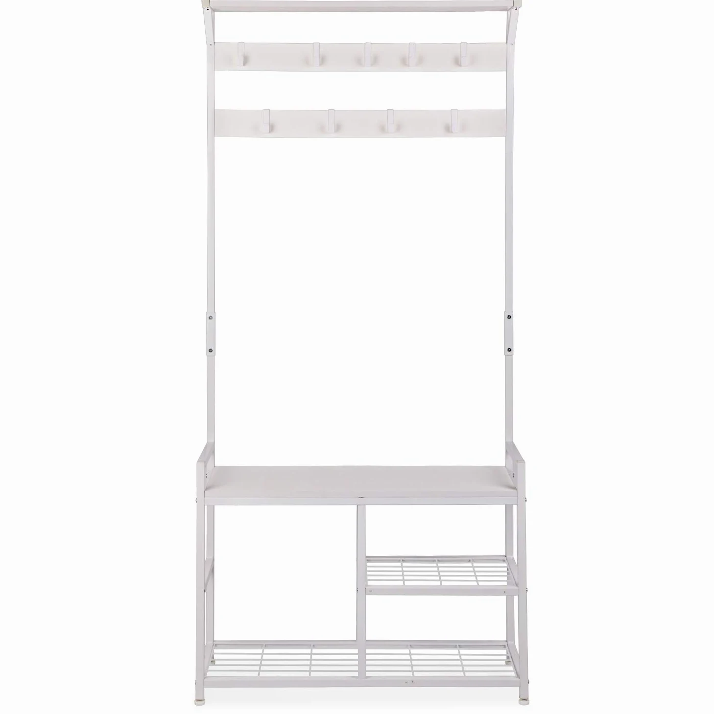 Leader Accessories Appendiabiti, Attaccapanni Autoportante, Scarpiera con Panca, Ganci Rimovibili, Mobile Ingresso Corridoio, Altezza di 183 cm, Industriale, Struttura in Metallo, Bianco
