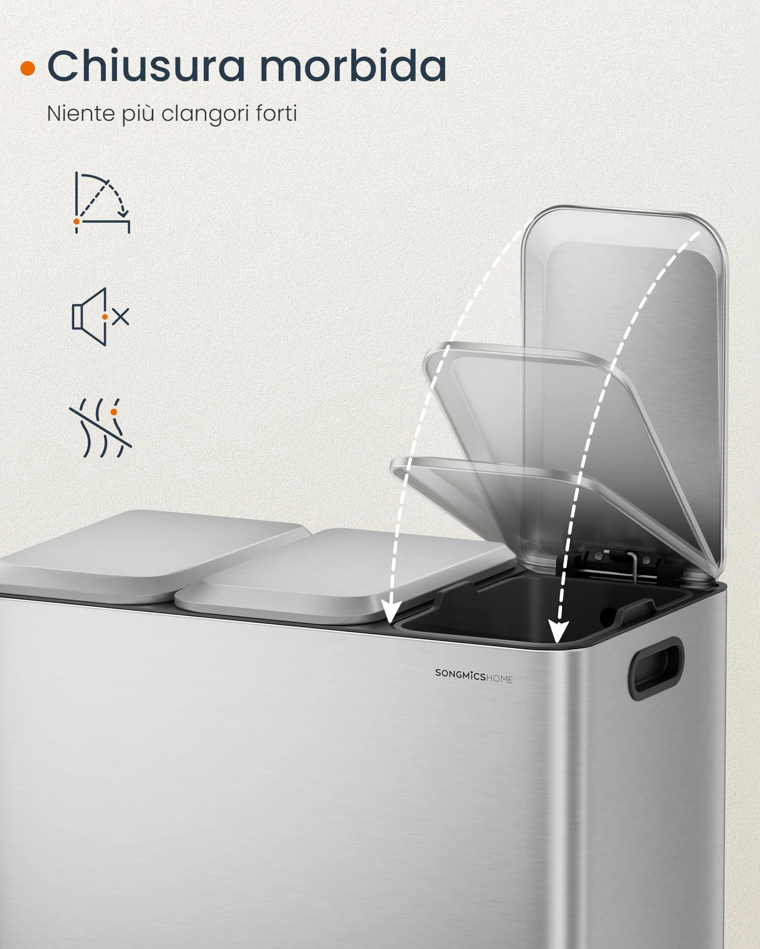 SONGMICS HOME Cestino da Cucina Tripla, Pattumiera per Raccolta Differenziata 3 x 15 L con Pedali Colorati, Raccolta Differenziata, Coperchio e Secchi Interni, Acciaio, Argento Metallizzato