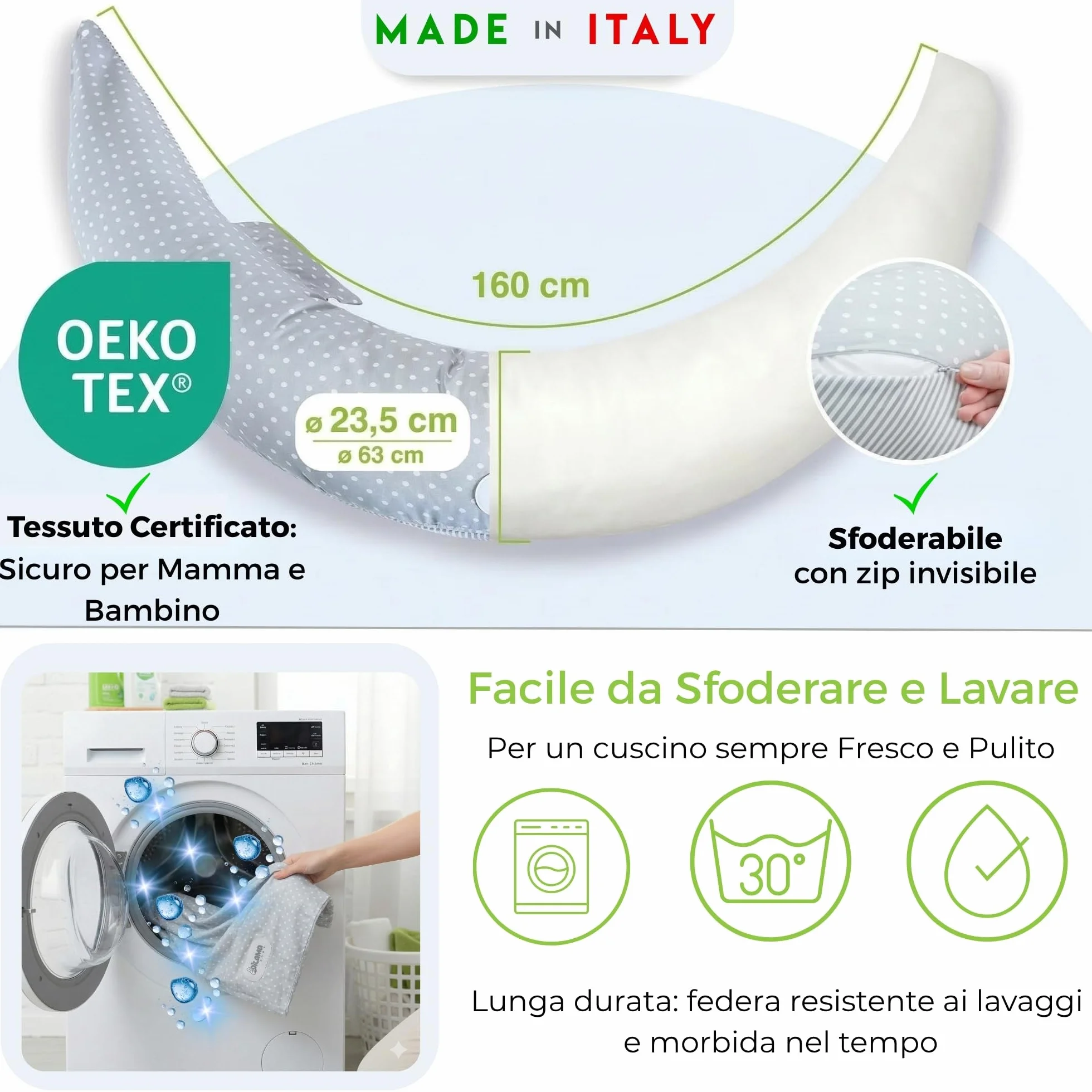 Dilamababy Cuscino Gravidanza Fiocchi di Memory e Fiber Made in Italy – Comodo per Dormire e per Allattamento - Supporto Ergonomico Pancia, Schiena, Gambe con Federa Sfoderabile e Lavabile