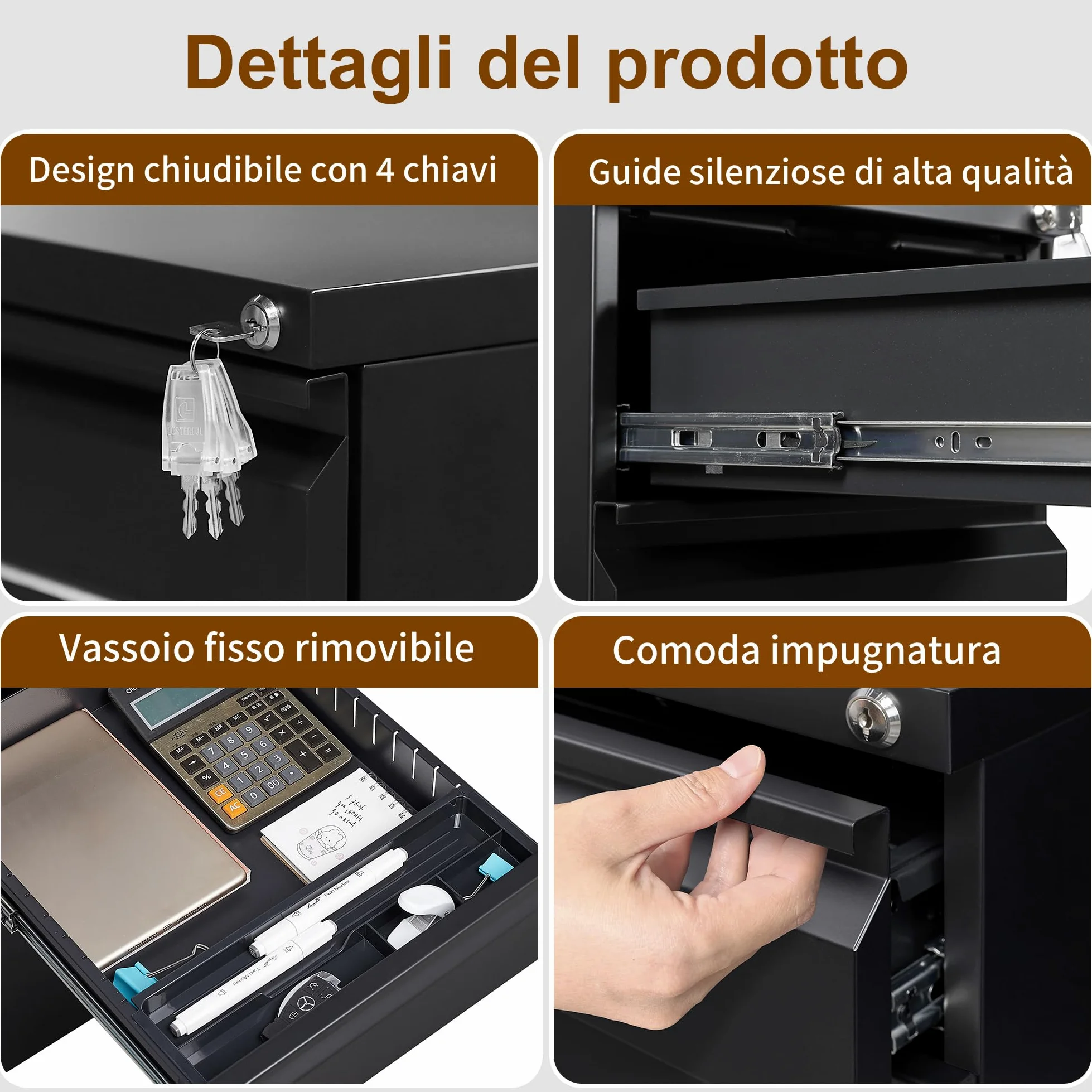 Cassettiera Scrivania Mobile, Cassettiera con Serratura, 4 Chiavi, 3 Cassetti, in Acciaio, Preassemblato, Nero