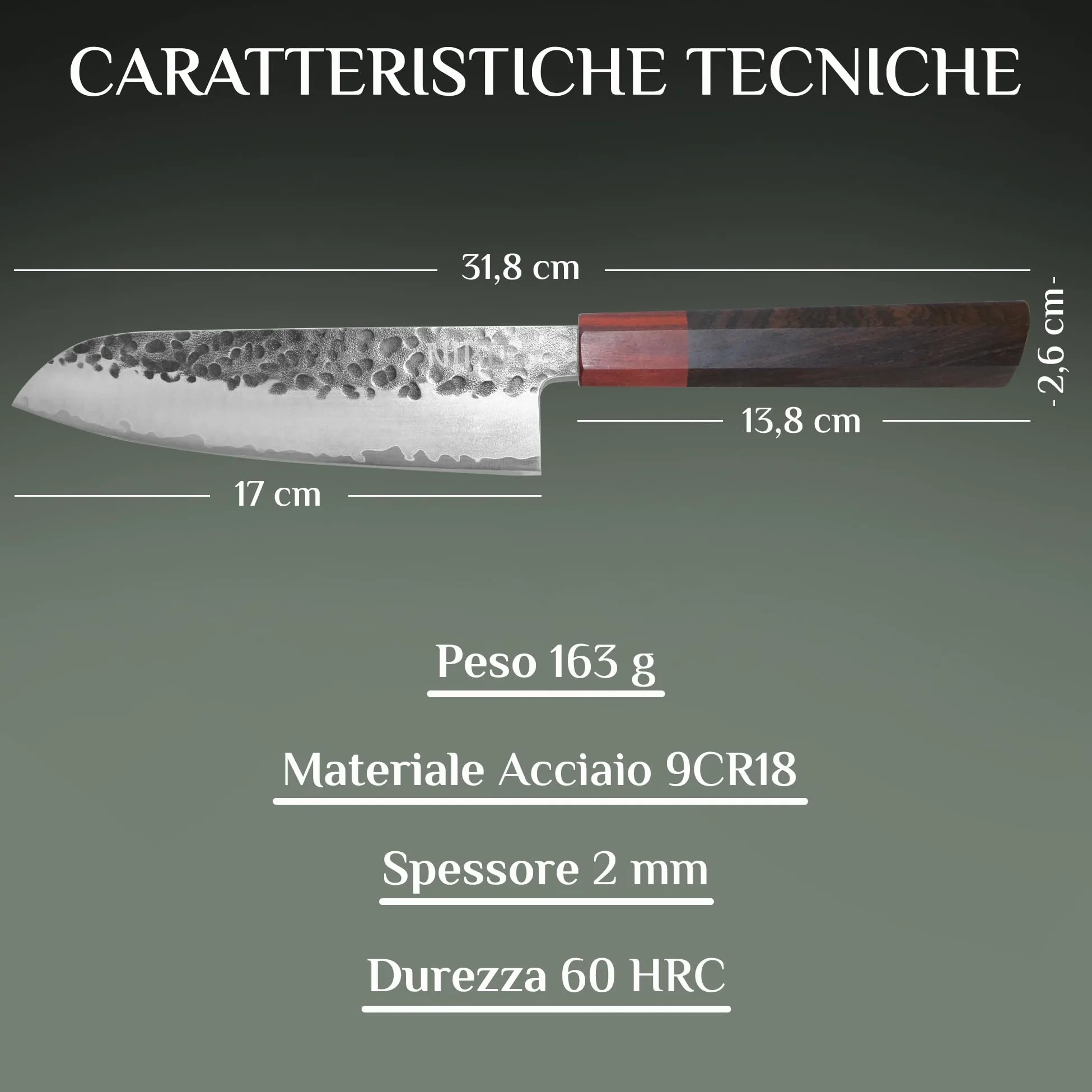 NIRO Coltello Professionale Giapponese Santoku in Acciaio Damascato, 67 Strati, Durezza 60 HRC, Manico Pregiato in Ebano e Sandalo, Bilanciamento perfetto, Resistente all’usura