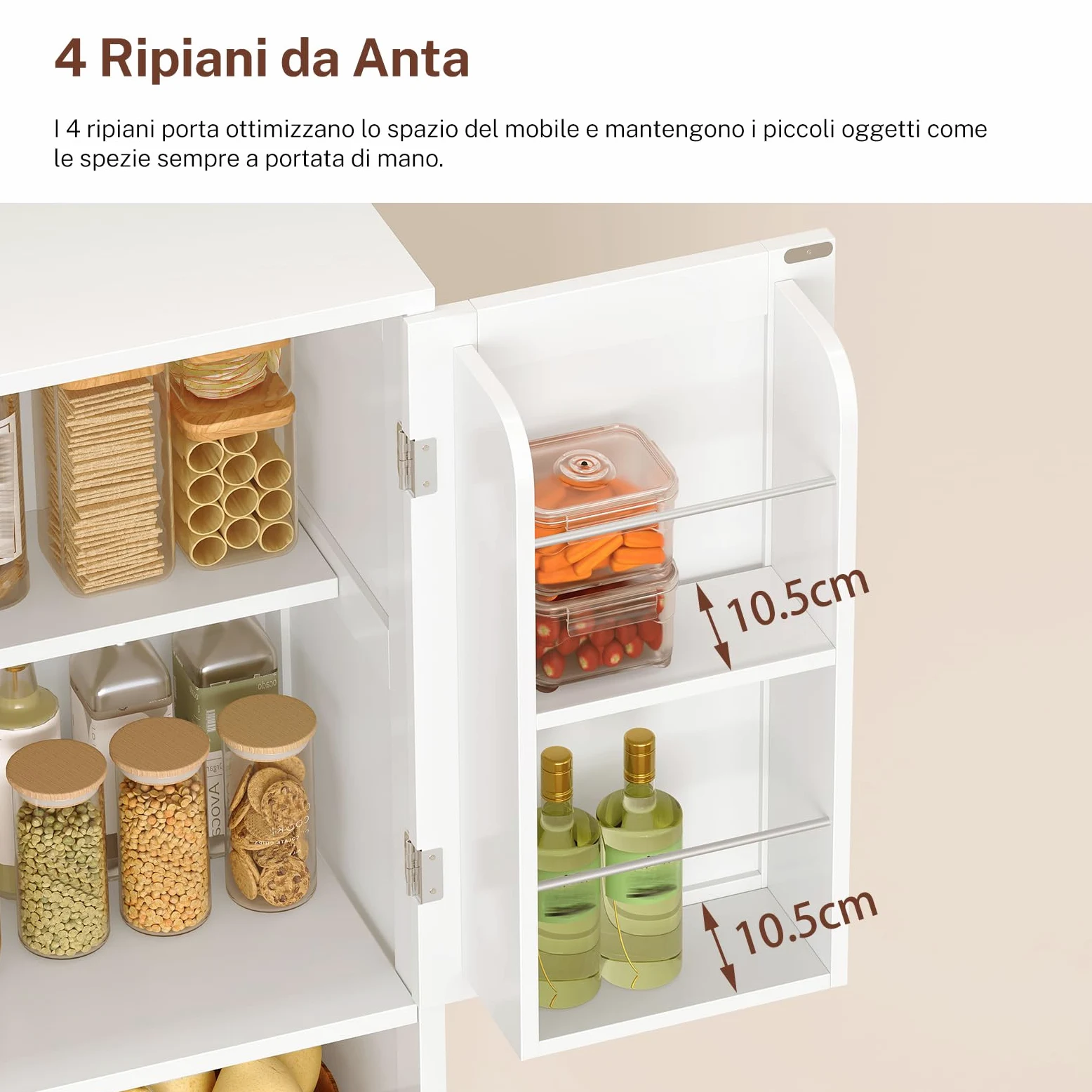 TEENFON Credenza Cucina Alta, Mobile Dispensa Alto 4 Ante e 2 Cassetti con Ripiani Regolabili e Portaspezie sulla Porta, Armadio Multiuso per Cucina, Soggiorno, Bagno, 60 x 30 x 161 cm, Bianco