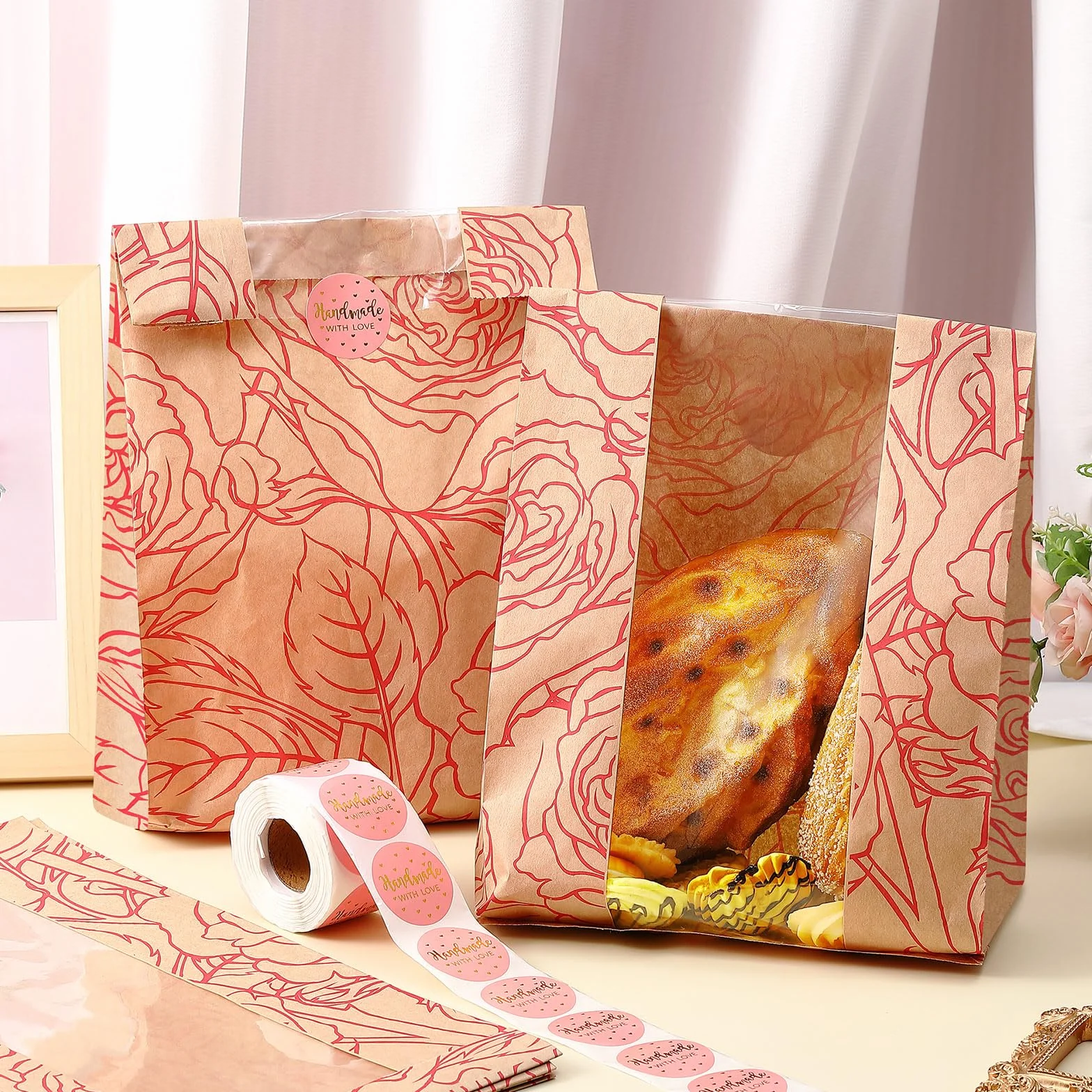 Confezione da 100 sacchetti per pane fatto in casa, in carta kraft, con 500 adesivi per amore, grandi sacchetti di carta da forno con finestra trasparente, per biscotti, 35,6 x 21,1 x 8,1 cm