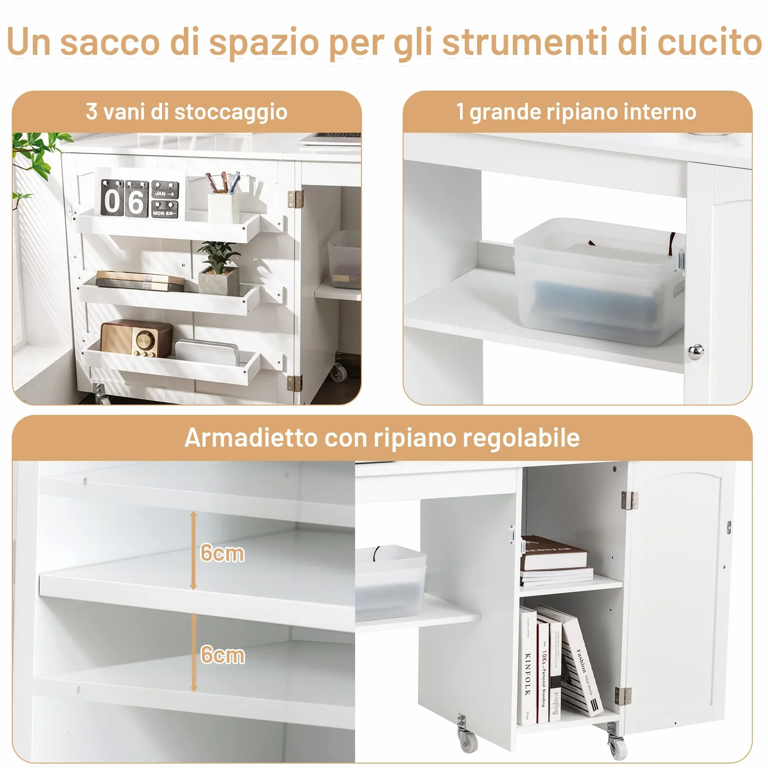GYMAX Tavolo Pieghevole da Cucito, Scrivania e Armadio da Cucito 2 in 1, Tavolo per Macchina da Cucire con Rotelle, 3 Scompartimenti Laterali e 1 Armadietto, 2 Ruote con Freno (Bianco)