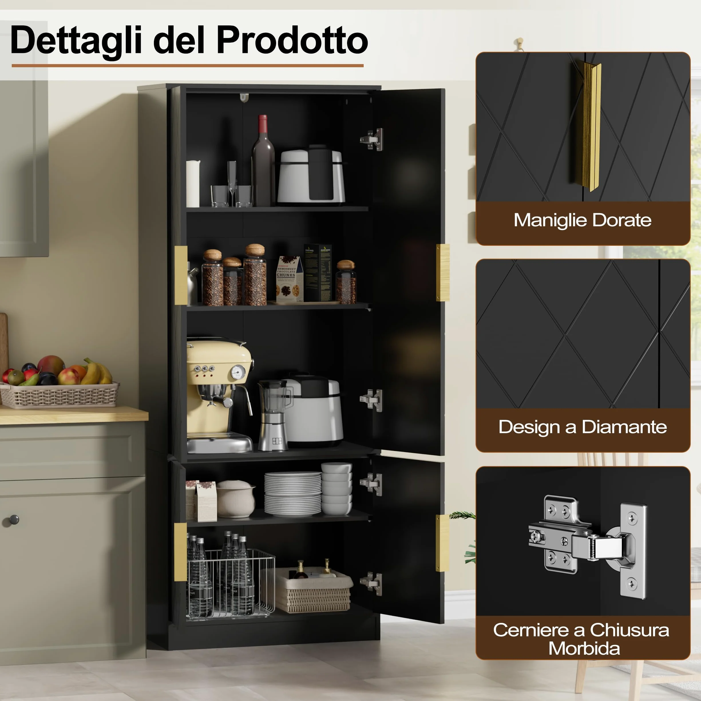 UEV Credenza Cucina Alta 150CM Design Diamante, Armadietto Highboard con 4 Ante, Grande Spazio di Archiviazione, Armadio Buffet Cucina Sicuro con Design Antiribaltamente, 60 x 30 x 150 cm, Nero