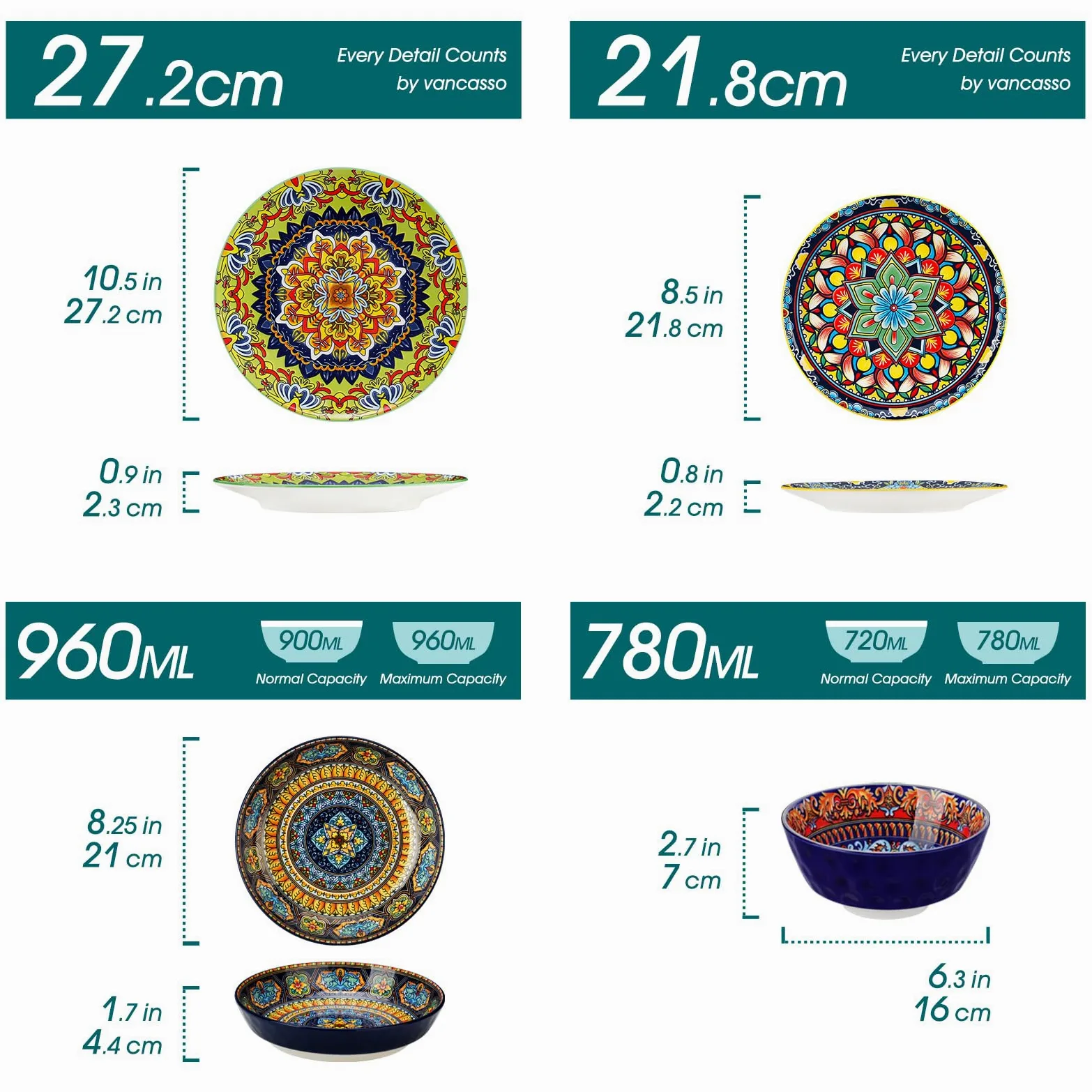 Servizio di piatti in porcellana per 6 persone Servizio di piatti vancasso KRVI da 24 pezzi con piatti piani, piatti da dessert, piatti fondi e ciotole, servizio da tavola Boho per 6 persone