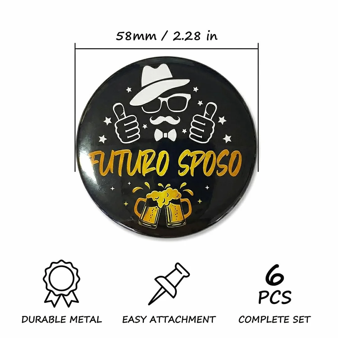 Spille Gadget Addio al Celibato Sposo e Amici (6 Pezzi: 1 Sposo + 5 Amici). Distintivi in Metallo per Festa, Matrimonio.
