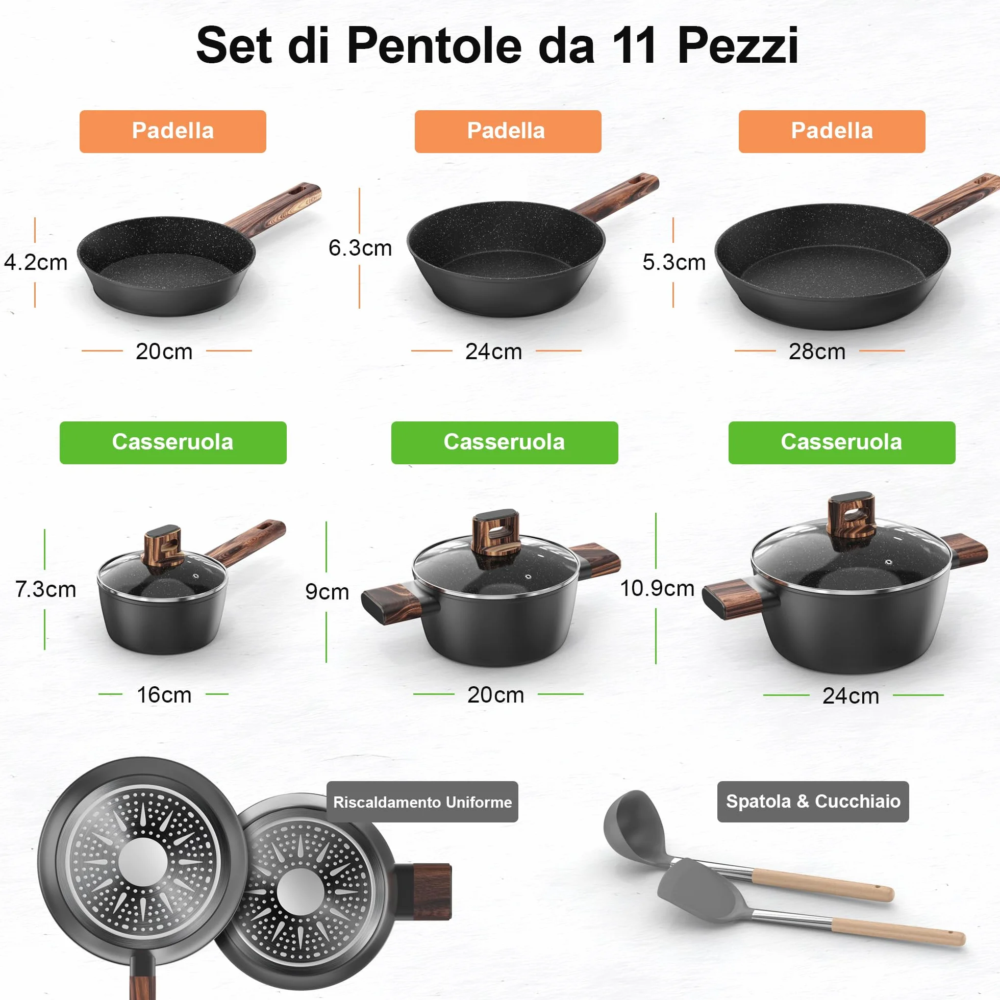 Topbooc Set Pentole Induzione 11 Pezzi Antiaderenti 20/28cm 24cm 16/20/24cm Senza PFOA PFOS