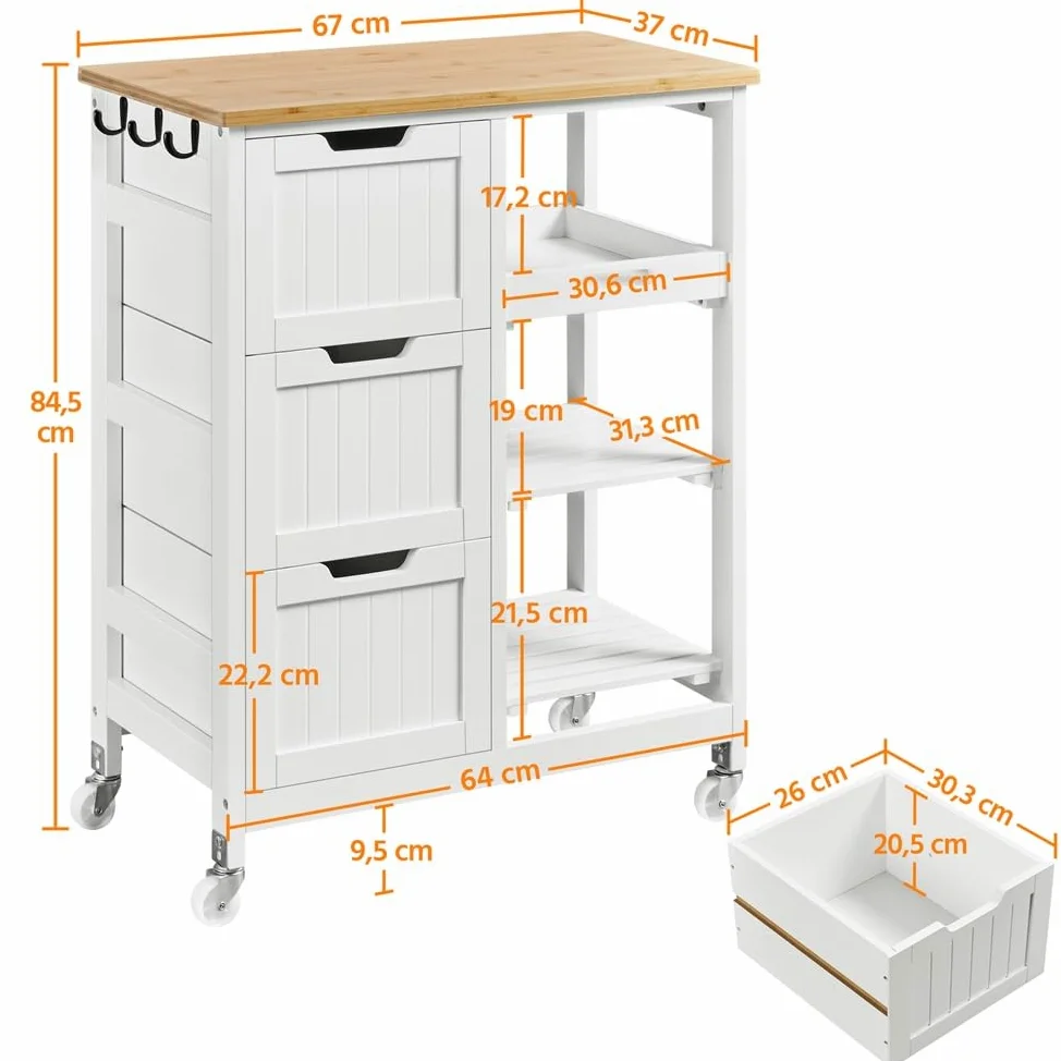 Yaheetech Carrello Cucina con Ruote 3 Cassetti 3 Ripiani in Legno Salvaspazio Bianco Porta Microonde Spezie 67cm x 37cm x 84,5 cm