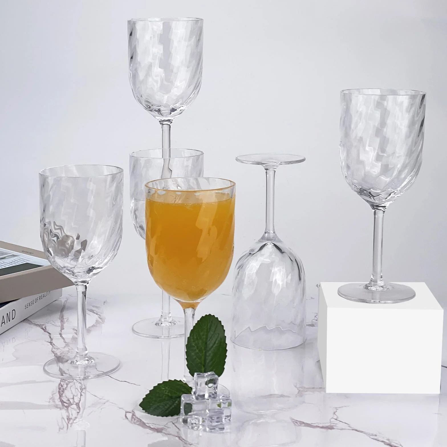 Yalin, set di 6 calici infrangibili in acrilico da 444 ml, impilabili, per vino e acqua. (Trasparente, 444 ml)