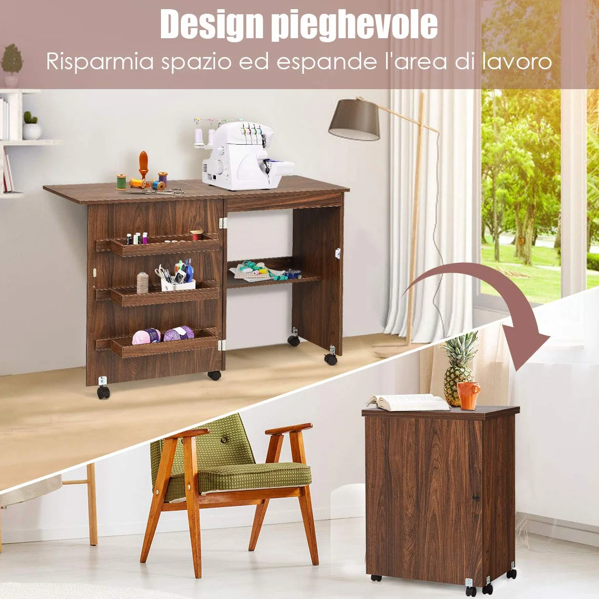 GYMAX Mobile per Macchina da Cucire, Tavolo Cucito Pieghevole Richiudibile, con Ripiani Portaoggetti e 5 Ruote, 118,5 x 40 x 79,5 cm (Marrone Scuro)