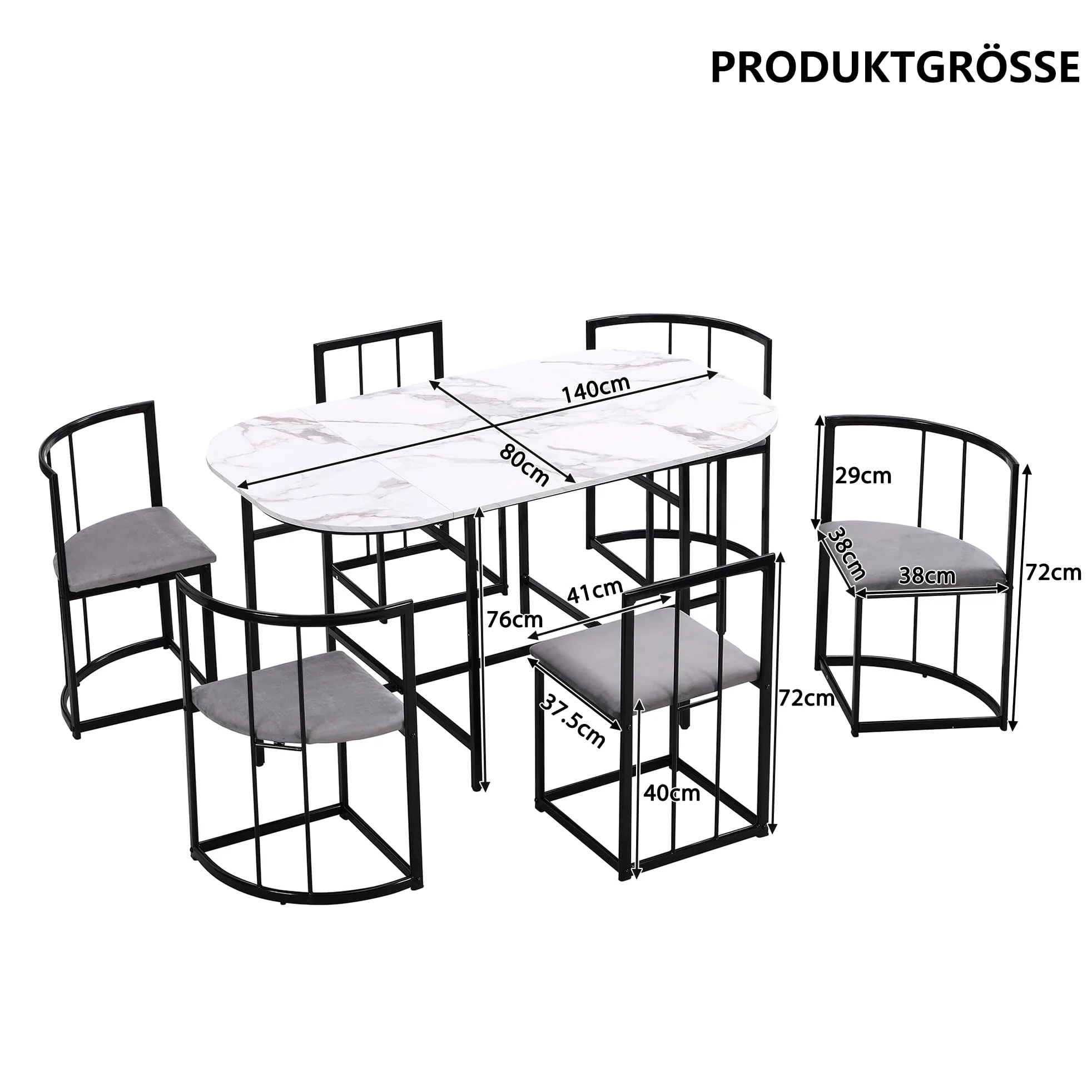 Set da pranzo, tavolo bianco, sedie con 6 schienali e imbottiture grigie, struttura in ferro, tavolo da pranzo e sedia, moderna combinazione di tavolo da pranzo (nero)