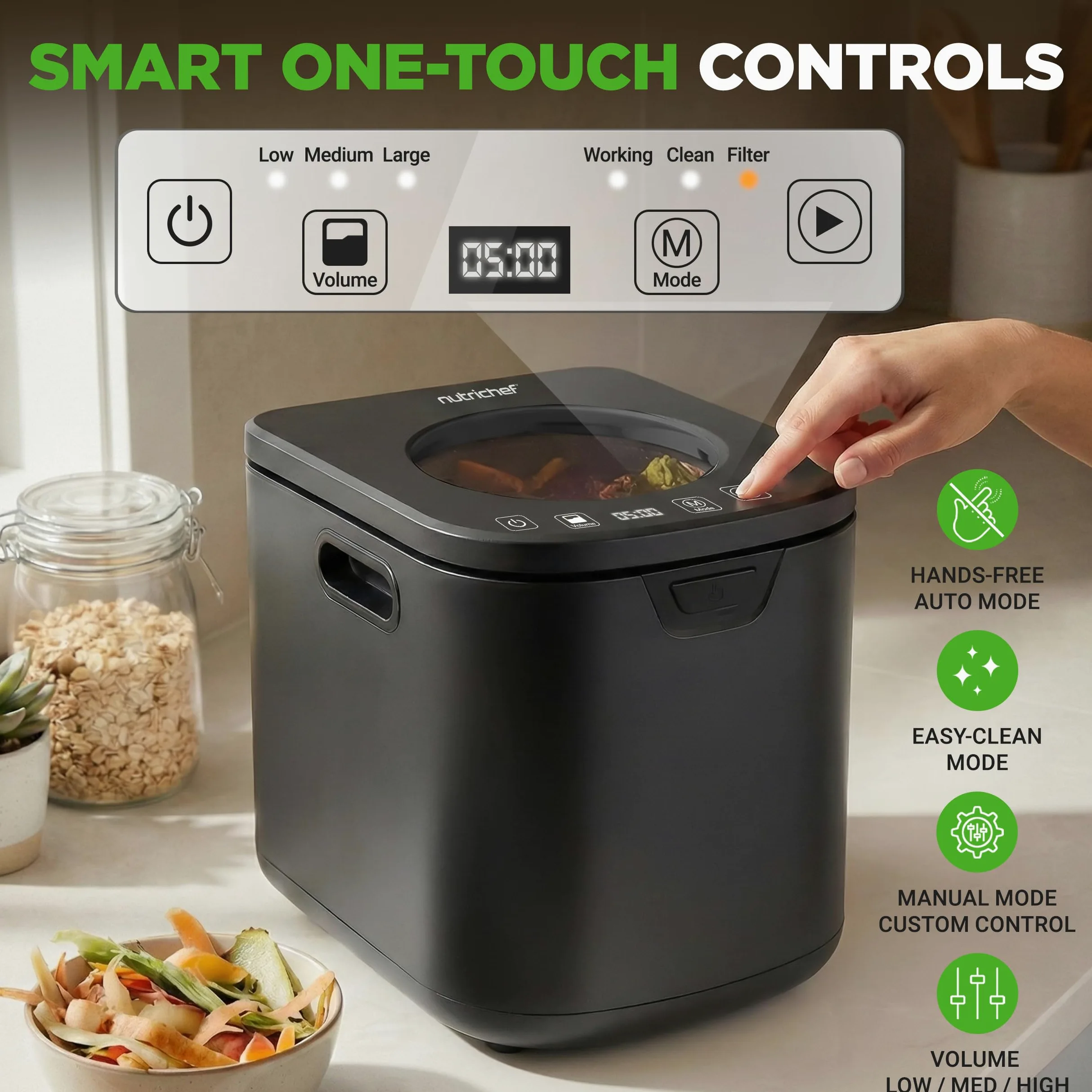 NutriChef 4 Litri Compostiera da Cucina, Compostiera Elettrica, Bidone Umido per Cucina, Pattumiera Umido con 2 Filtri Carbone, 3 Modalità Volume, Grigia