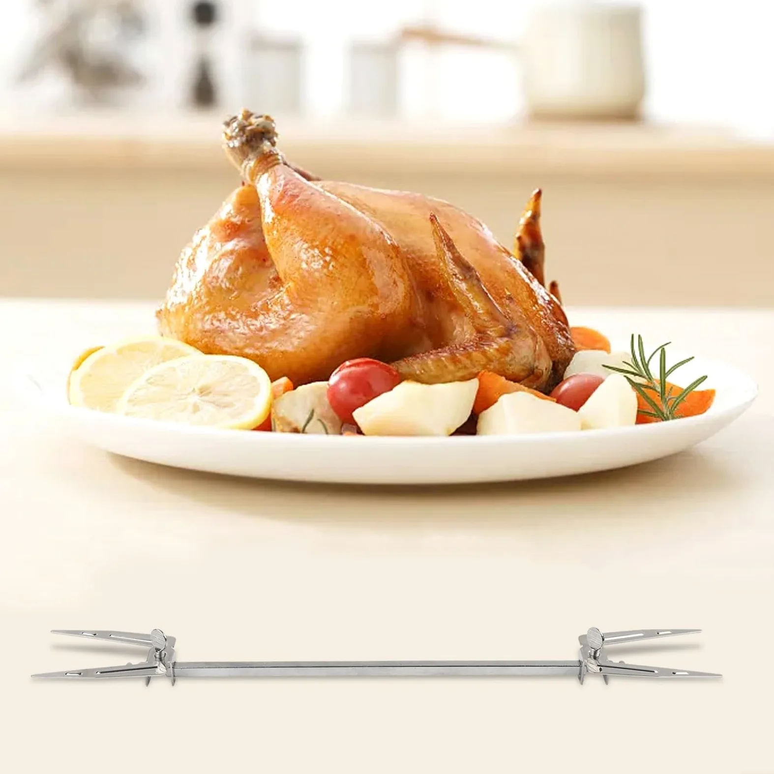 Forchetta rotante in acciaio inox per arrosto per forno elettrico e friggitrice ad aria, adatta per arrosto e cottura di carne e spiedini (25,6 cm)