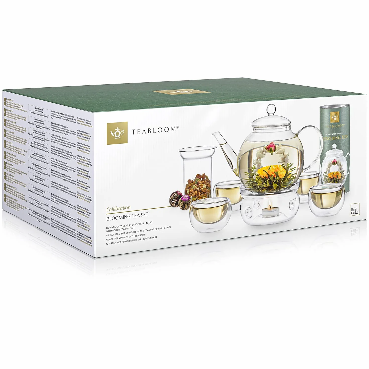 Teabloom Set Completo Fiori di Tè: Teiera in Vetro Borosilicato, 12 Fiori, Riscalda Teiera, 4 Tazze Vetro Doppio Strato, Infusore Tè
