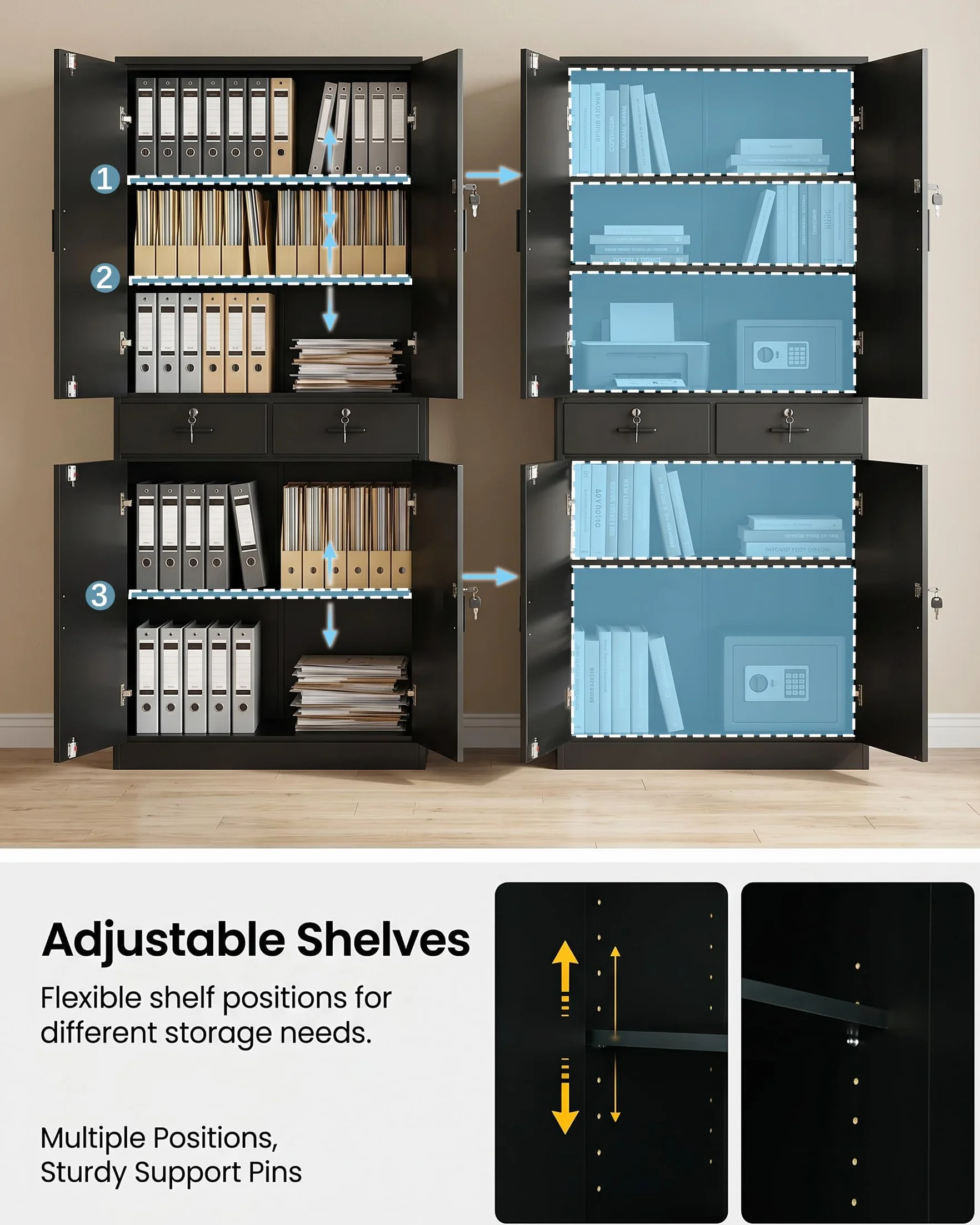 Armadio Alto 200 cm Schedario da Ufficio con Serratura Armadio Multiuso in Legno con 4 Ante 2 Cassetti e Ripiani Regolabili Armadio da Garage Nero 78 x 40 x 200 cm