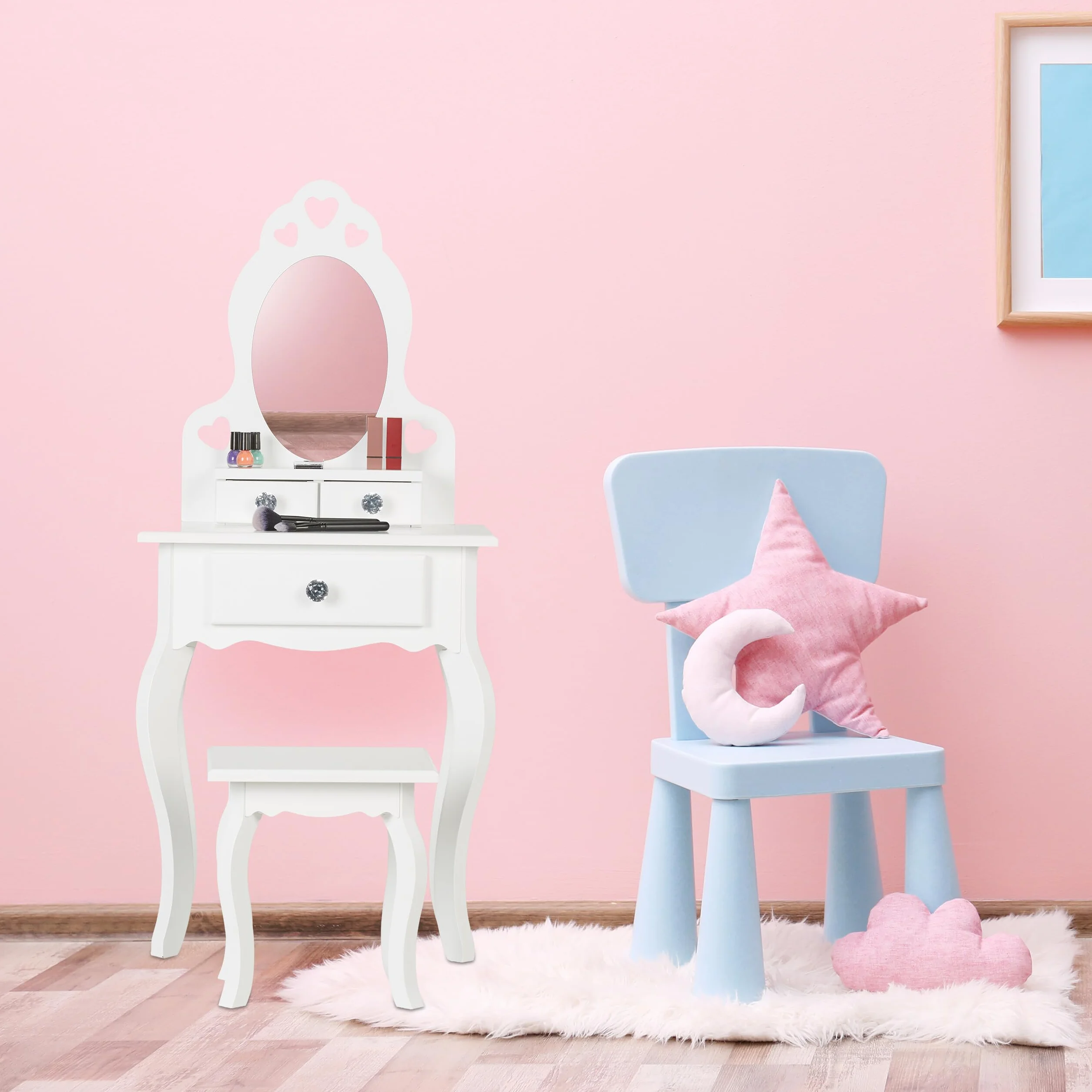 Relaxdays Toeletta Trucco Bambina, Tavolino con Specchio e Sgabello, HLP: 110 x 50 x 30 cm, a Partire dai 3 Anni, Bianco