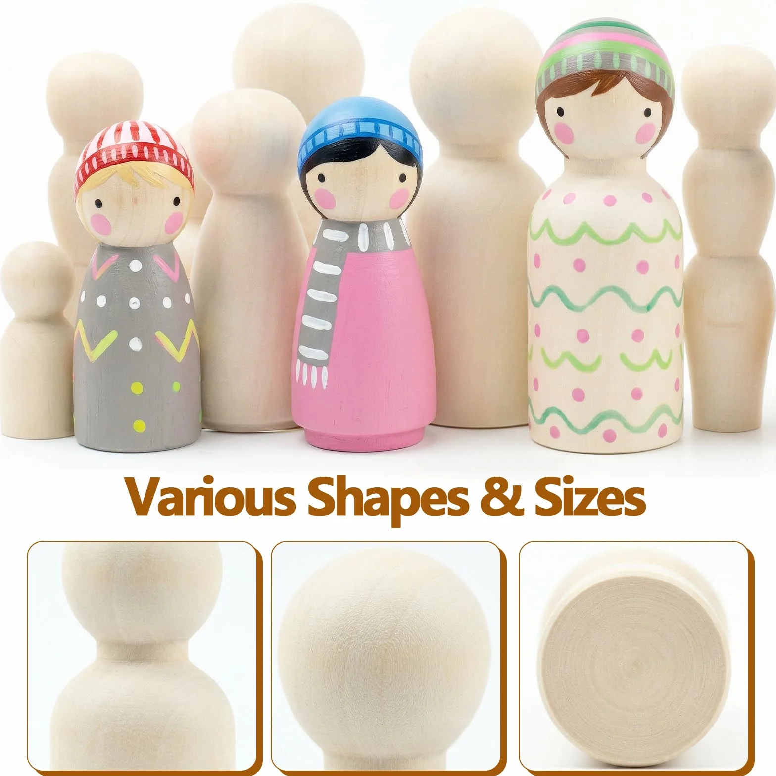 Per Peg Doll Legno da Dipingere, PUYUKO 40 Pezzi Bambola Piolo di Legno 5 Forme 30-60 mm, Figure Familiari da Dipingere per Lavori Fai da Te Creazioni Artistiche e Painted