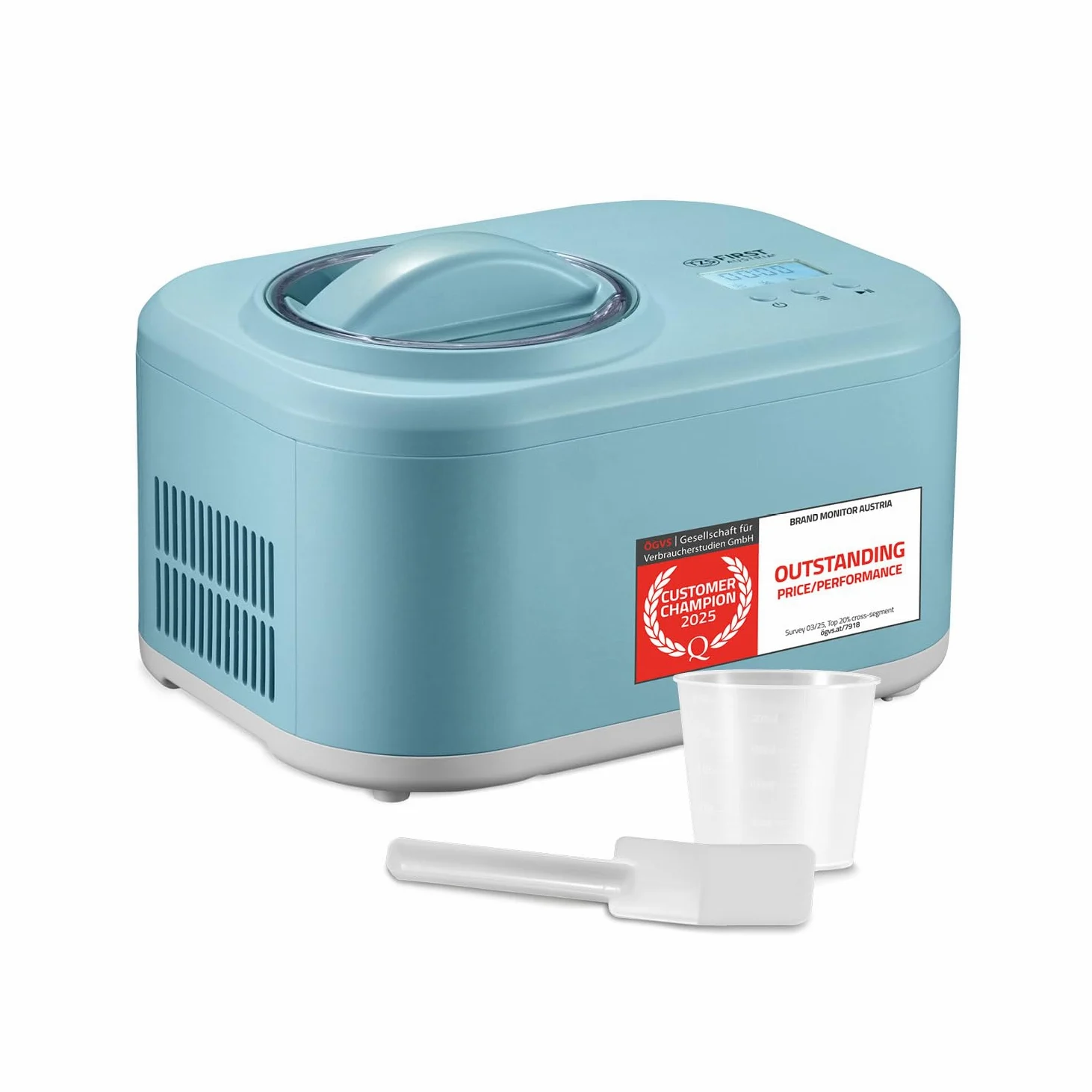 TZS First Austria - Gelatiera 1L con Compressore 3-in-1-100W Macchina per Gelato Autorefrigerante per Frozen Yogurt, Sorbetti e Gelato - Turchese