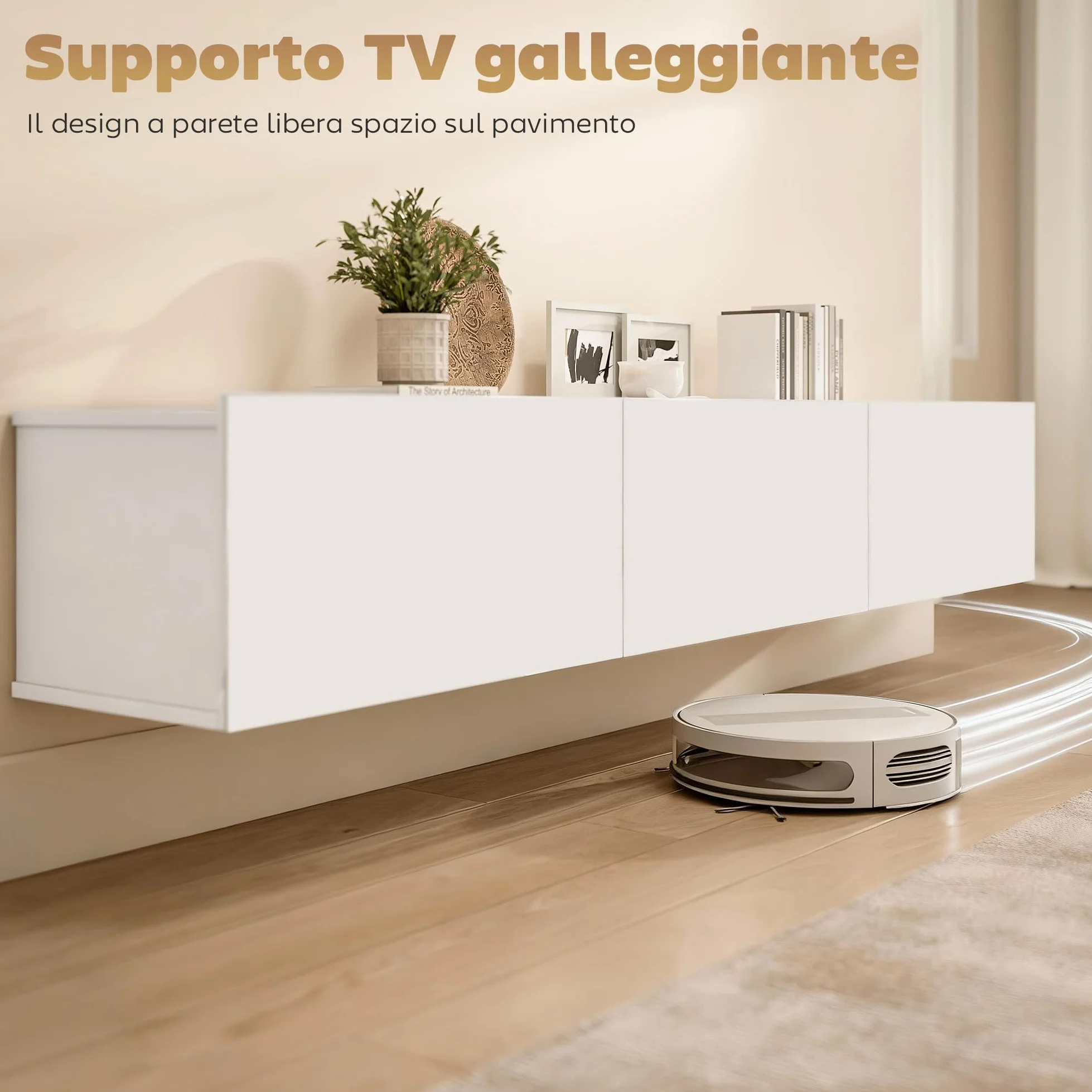 HOMCOM Mobile TV Sospeso, Mobile Porta TV Fino a 82" con Armadietti 3 Ante a Ribalta Soft Close, Mobiletto per Televisore per Soggiorno, Camera da Letto e Salotto, 180x31.5x29.8 cm, Bianco