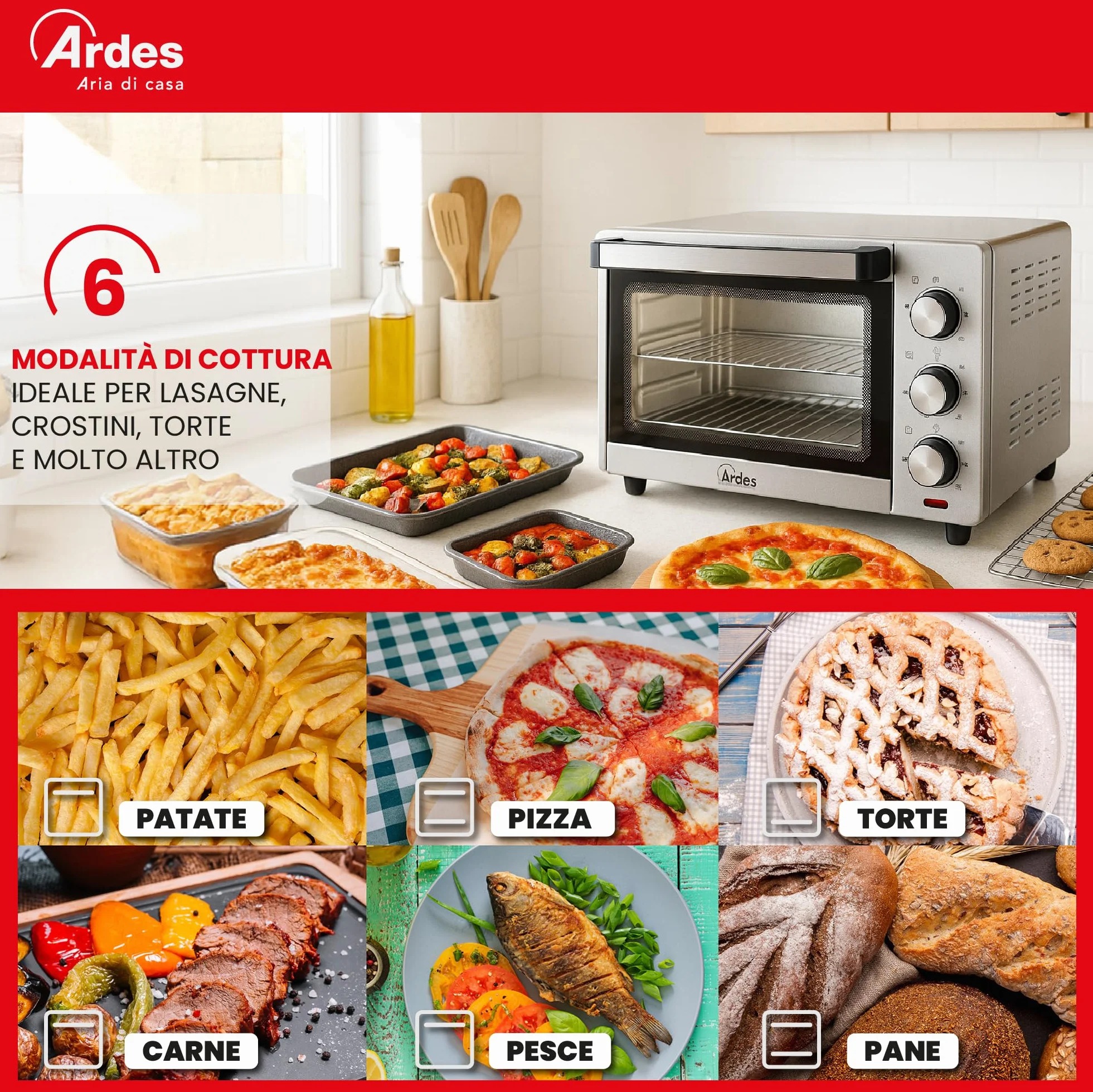 ARDES AR6226S Fornetto Elettrico Ventilato 25 Litri Luce Interna 6 Funzioni Cottura Timer 60' Doppio Vetro Silver