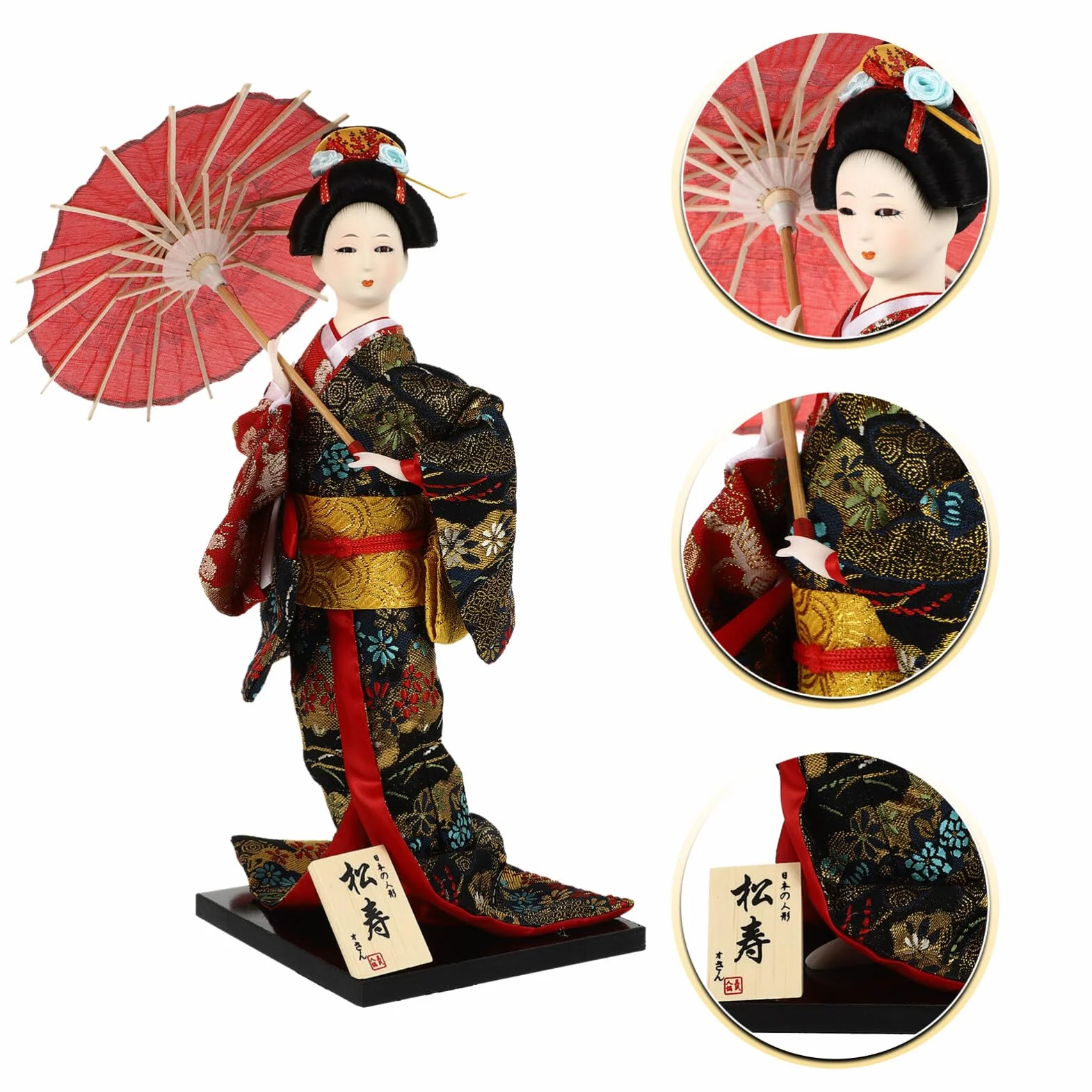 Bambola Geisha Giapponese in Legno Artigianale 12.20x4.72x4.72In Decorazione Desktop Kimono Figurina da Collezione