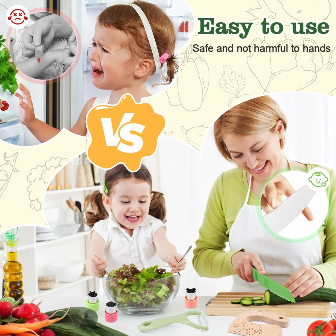 Set di 11 coltelli per bambini, coltello da cucina di sicurezza per bambini, set con formine per biscotti per verdure, coltello in legno, tagliere per bambini a partire dai 3 anni, set da cucina
