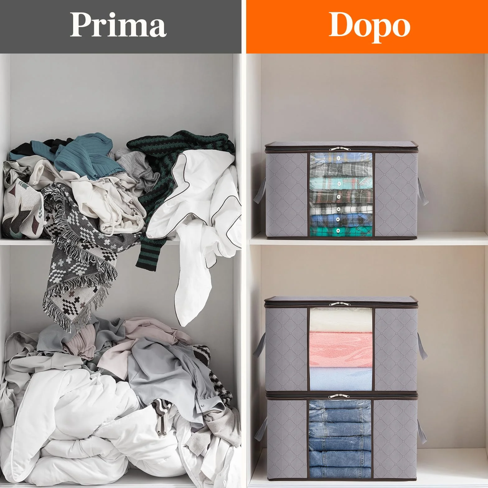Lifewit Scatole per Vestiti, Contenitori per Armadio Pieghevole, Scatole per Armadio, Scatoloni trasloco, Organizzatore armadio per Vestiti, Coperte, Piumoni, Grigio Chiaro, 50 L, 4 Pezzi