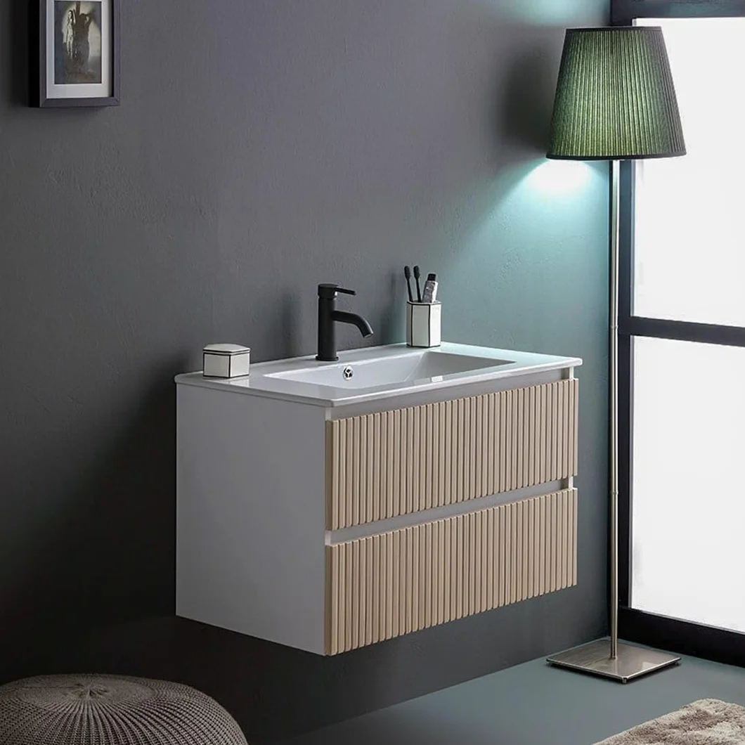 Kiamami Valentina - Mobile sospeso 100cm bianco con cassetti rovere cannettato e lavabo in ceramica | Bilbao