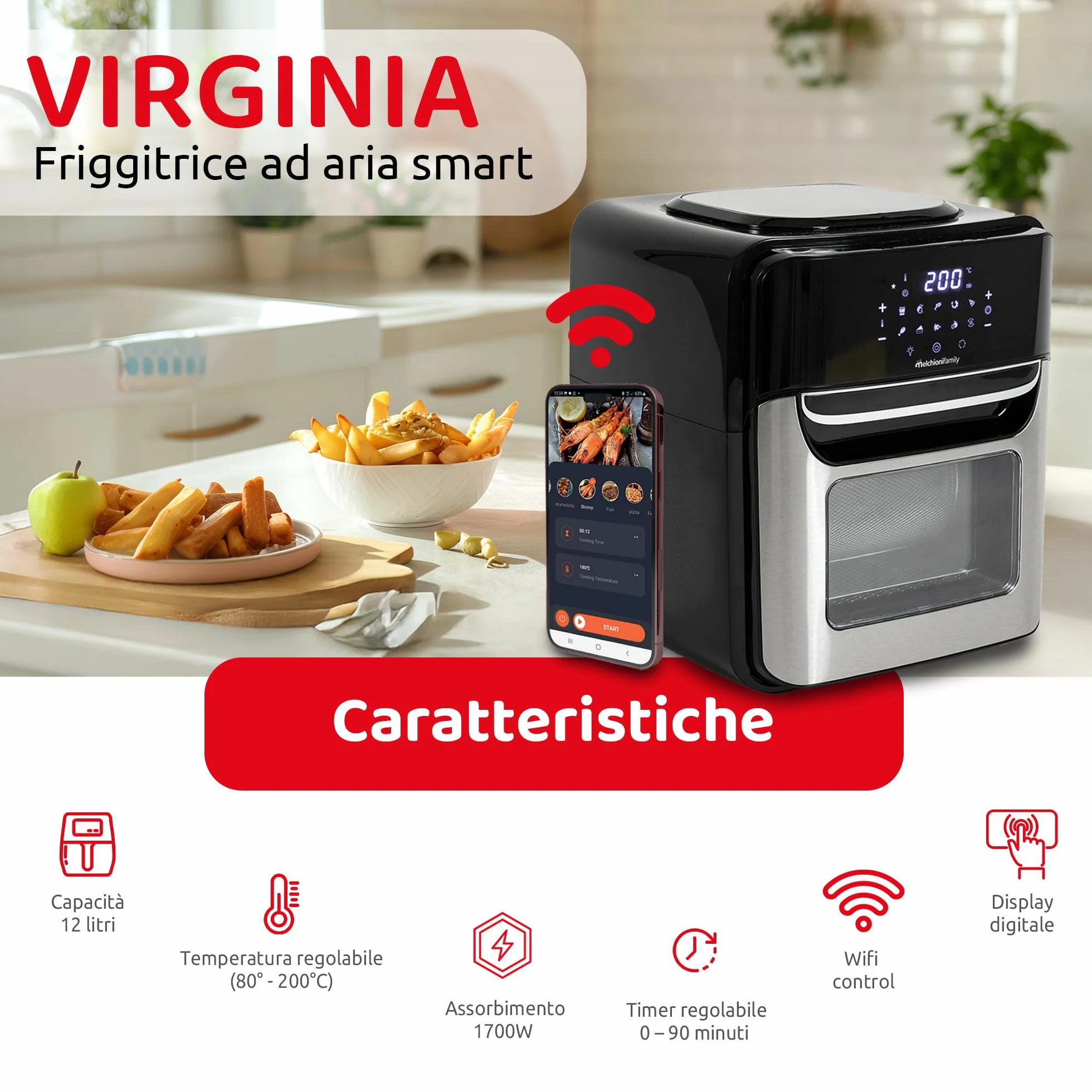 Melchioni Family Smart VIRGINIA Air Fryer 12L friggitrice ad aria Wi-Fi 1700W nero