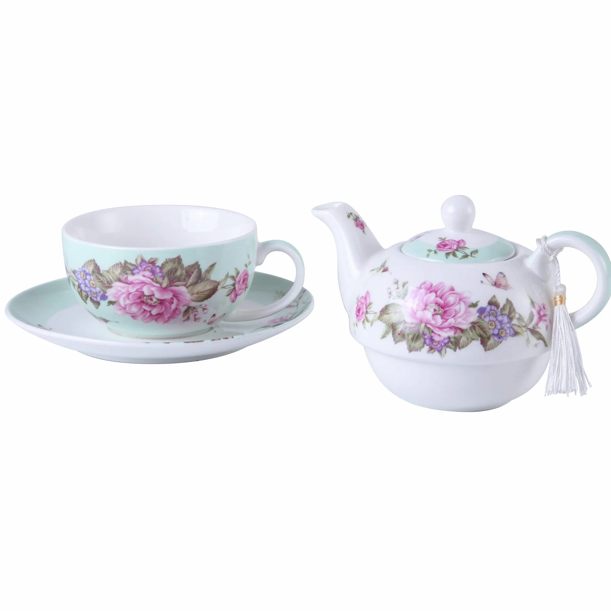 Shaby Zestaw Herbaty dla Jednej Osoby Porcelana Motyw Kwiatowy Ptaszek Róż Motyl Prezent