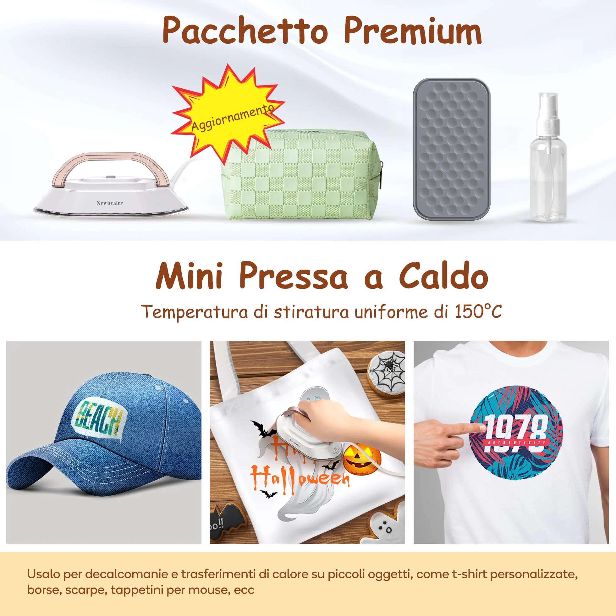 Newbealer Ferro da Stiro da Viaggio, Ferro da Viaggio Mini Portatile Leggera Compatto senza Vapore, Stirare i Vestiti, Tensione Universale 100-240V, Oro