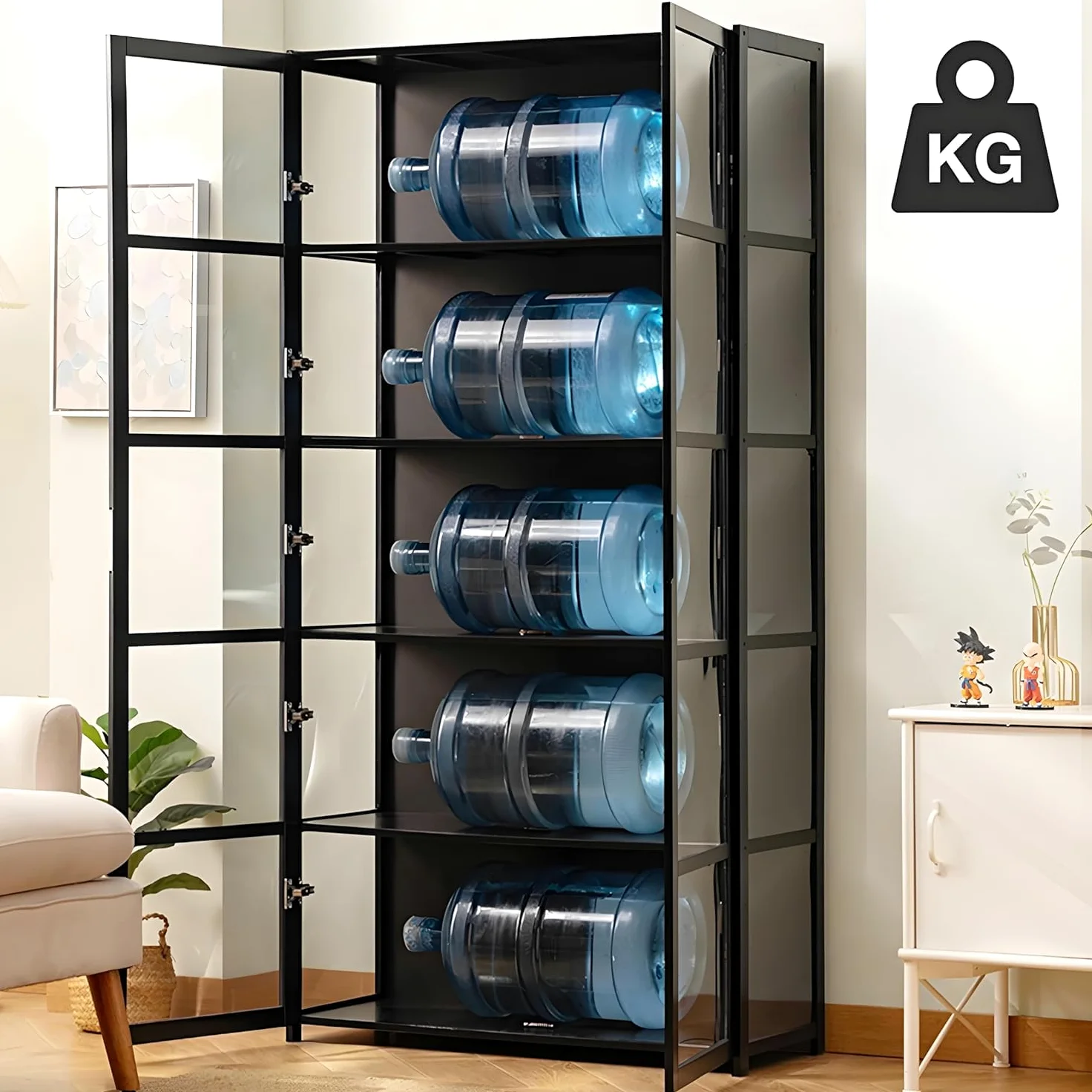 Vetrina anta vetro acrilico, vetrina 5 ripiani, organizer giocattoli collezione, libreria camera da letto, angolo lettura, bambini, bambù (porta a foglio nero)