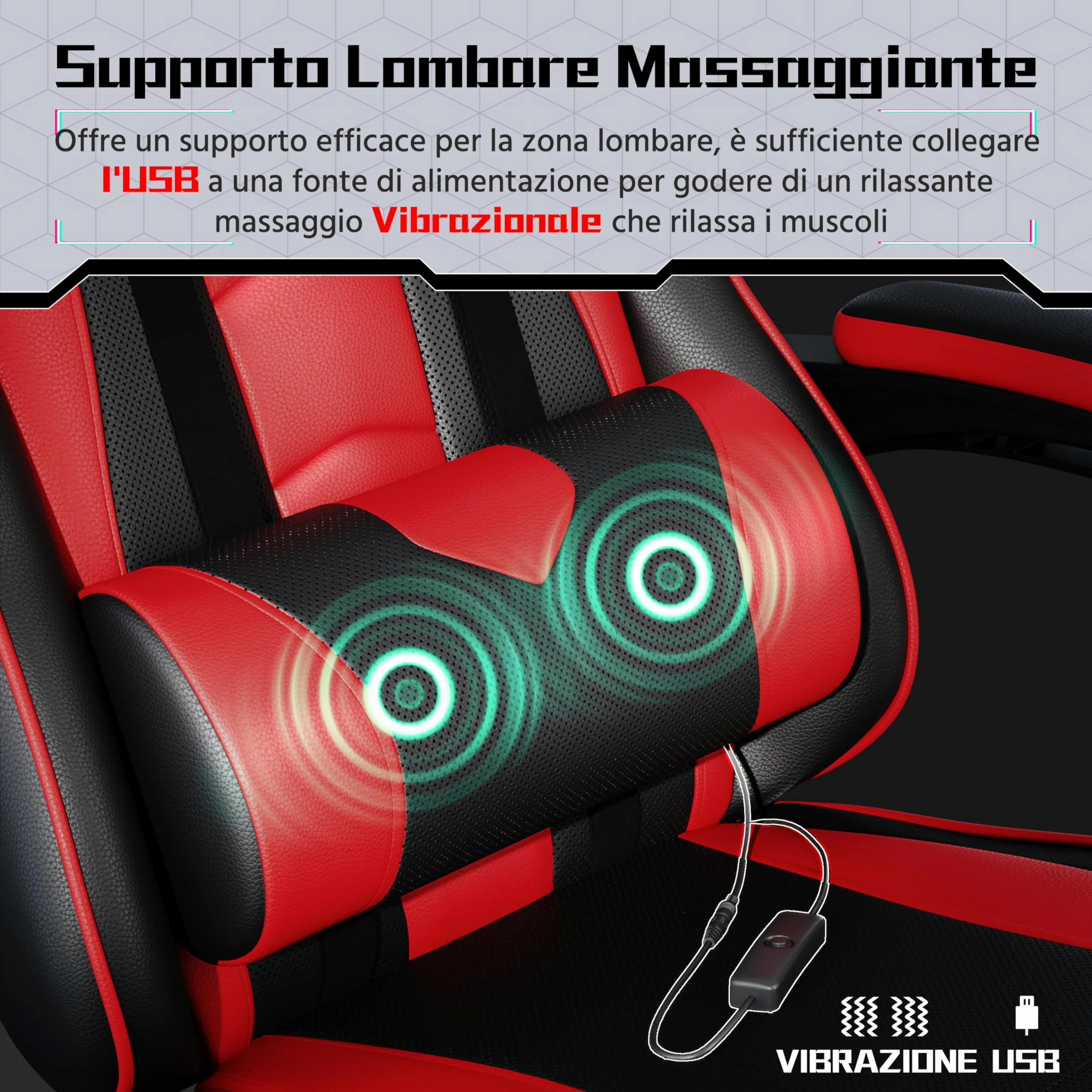 Yaheetech Sedia Gaming Ergonomica Massaggiante Reclinabile con Poggiapiedi Poggiatesta e Supporto Lombare Braccioli Imbottiti in Finta Pelle, Poltrona Gamer da Scrivania con Ruote Girevole Rosso