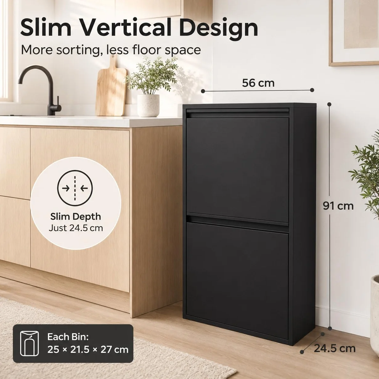 Sistema di raccolta differenziata con 4 contenitori da 15 l, pattumiera da cucina con armadio (nero) | 56 x 24,5 x 91 cm, acciaio laminato a freddo, 4 contenitori da 15 l, montaggio a parete, per cucina, ufficio, commercio
